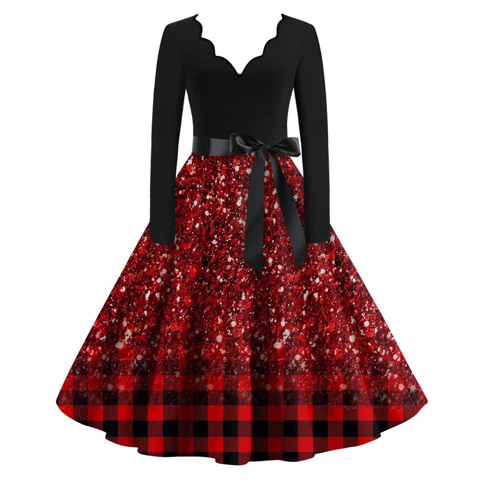 Vestido De Festa De Natal Fqzwong De Manga Comprida Com Decote Em V Com Cinto Vermelho