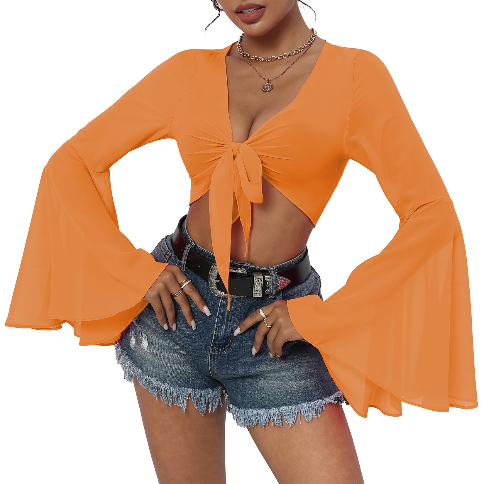 Blusa De Malha Bell Sleeve Crop Century Star Orange Para Mulheres