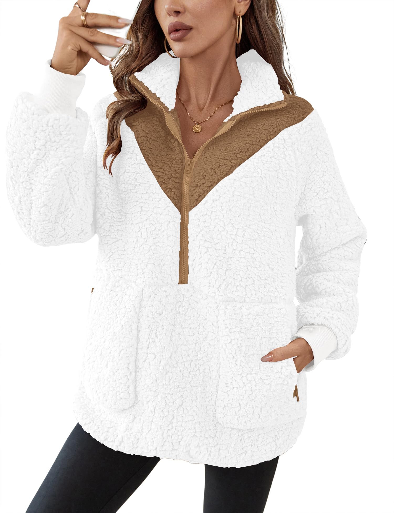 Jaqueta Feminina Rapbin Com Zíper E Decote Em V, Lã De Pelúcia Sherpa