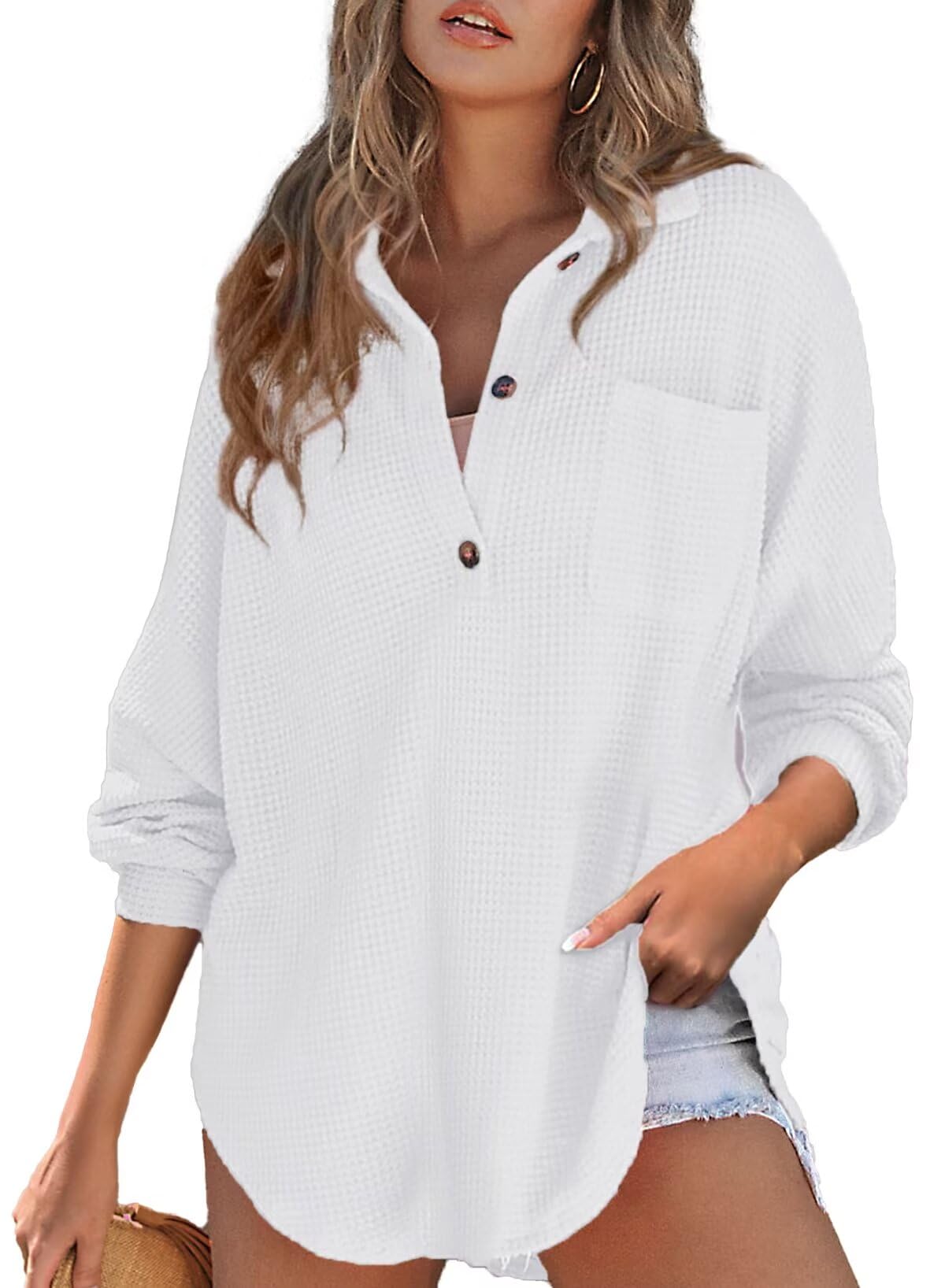 Top Astylish Waffle Knit De Manga Comprida Com Decote Em V Branco Para Mulheres
