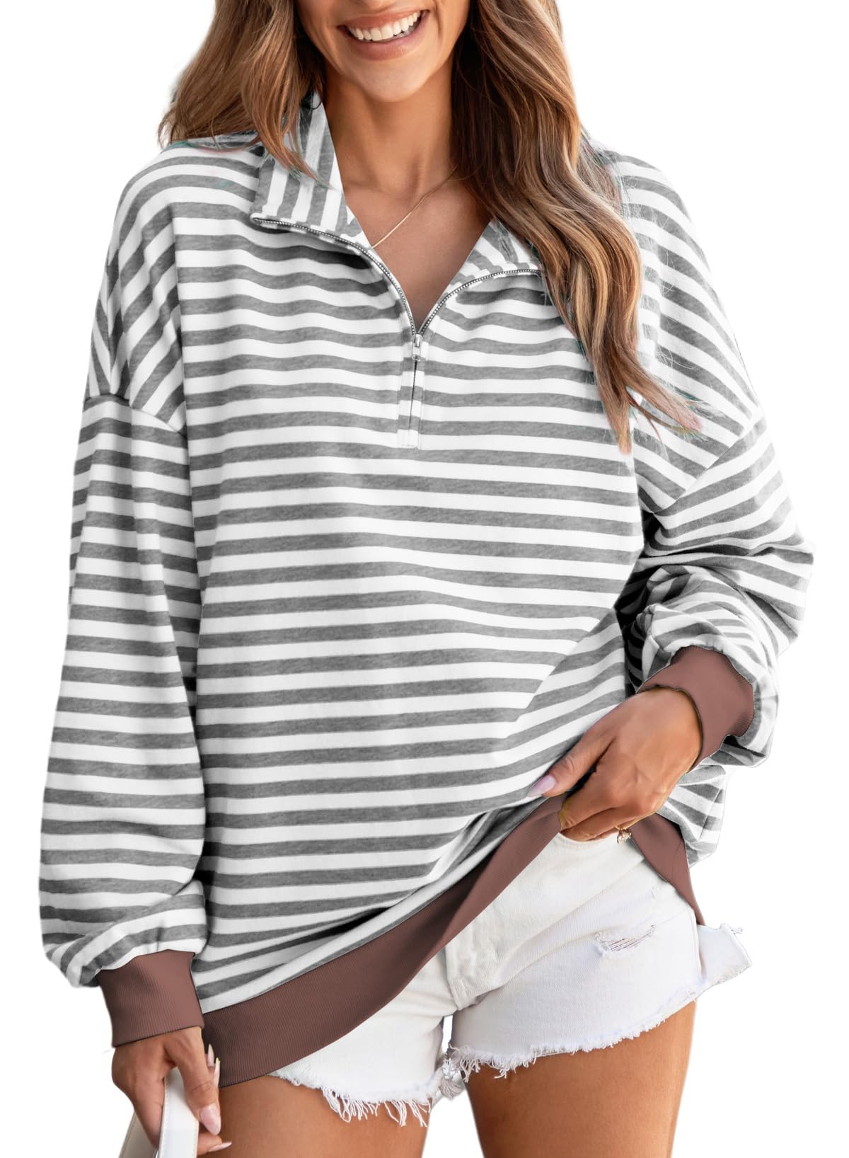 Moletom Evaless Oversized Para Mulheres Listrado De Algodão Cinza