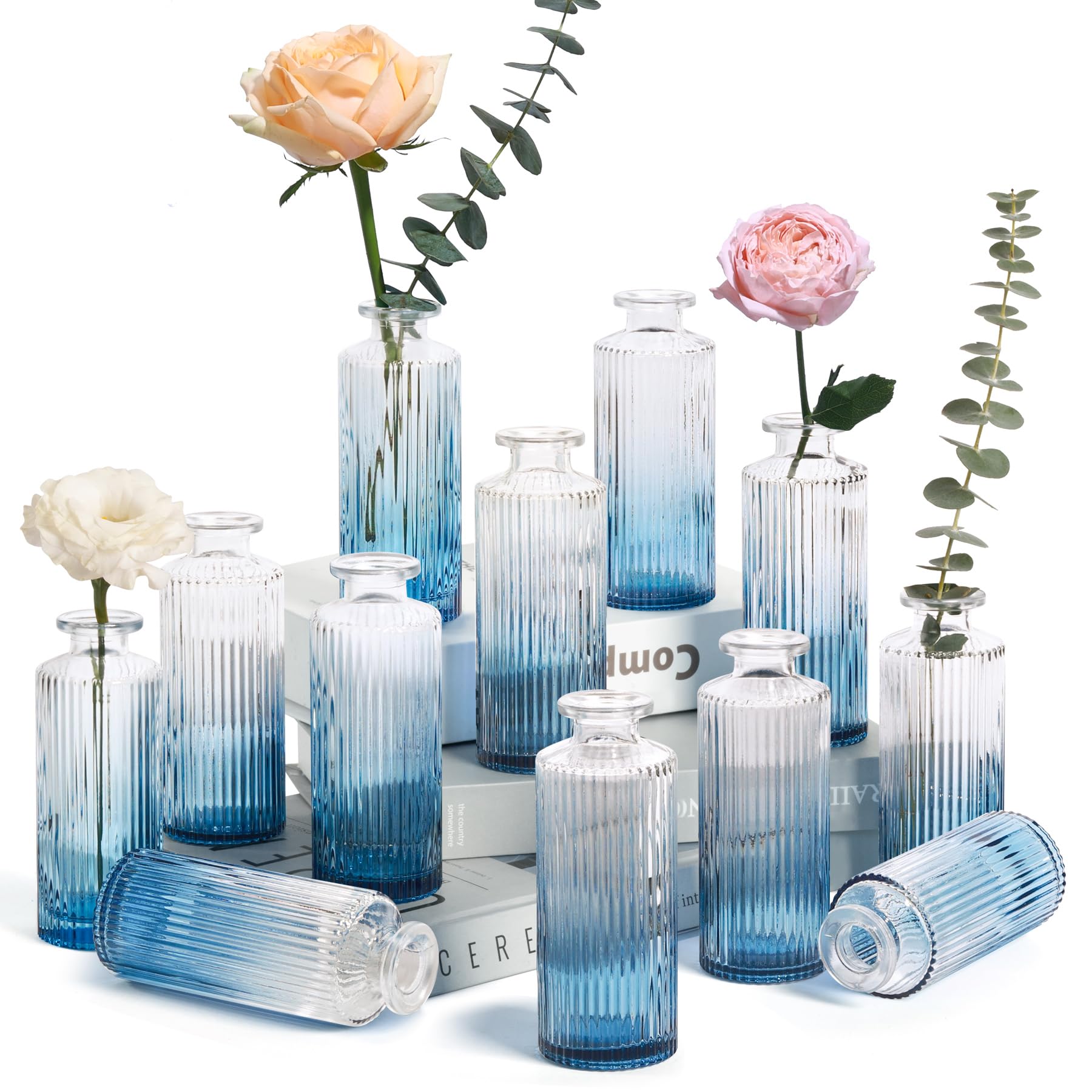 Vasos Glass Bud, Conjunto De 12 Vasos Decorativos Vintage, Cinza, Azul