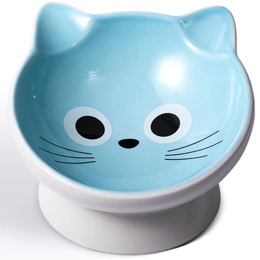 Tigela De Comida Para Gatos Aisbugur Em Cerâmica Elevada, Azul Inclinada De 15°, 150ml