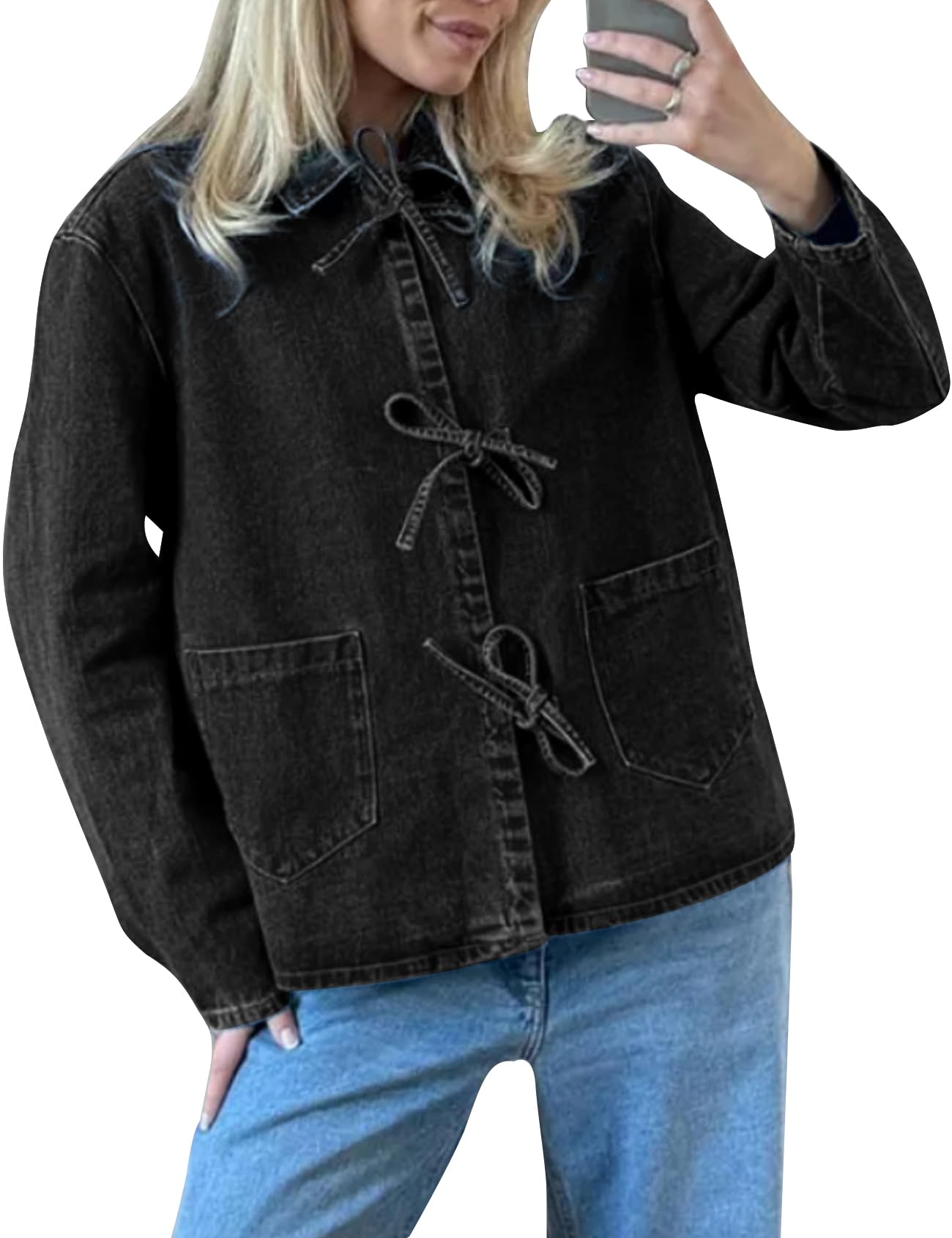 Jaqueta Jeans Feminina Cozypoin, Gravata Frontal, Leve Com Bolsos