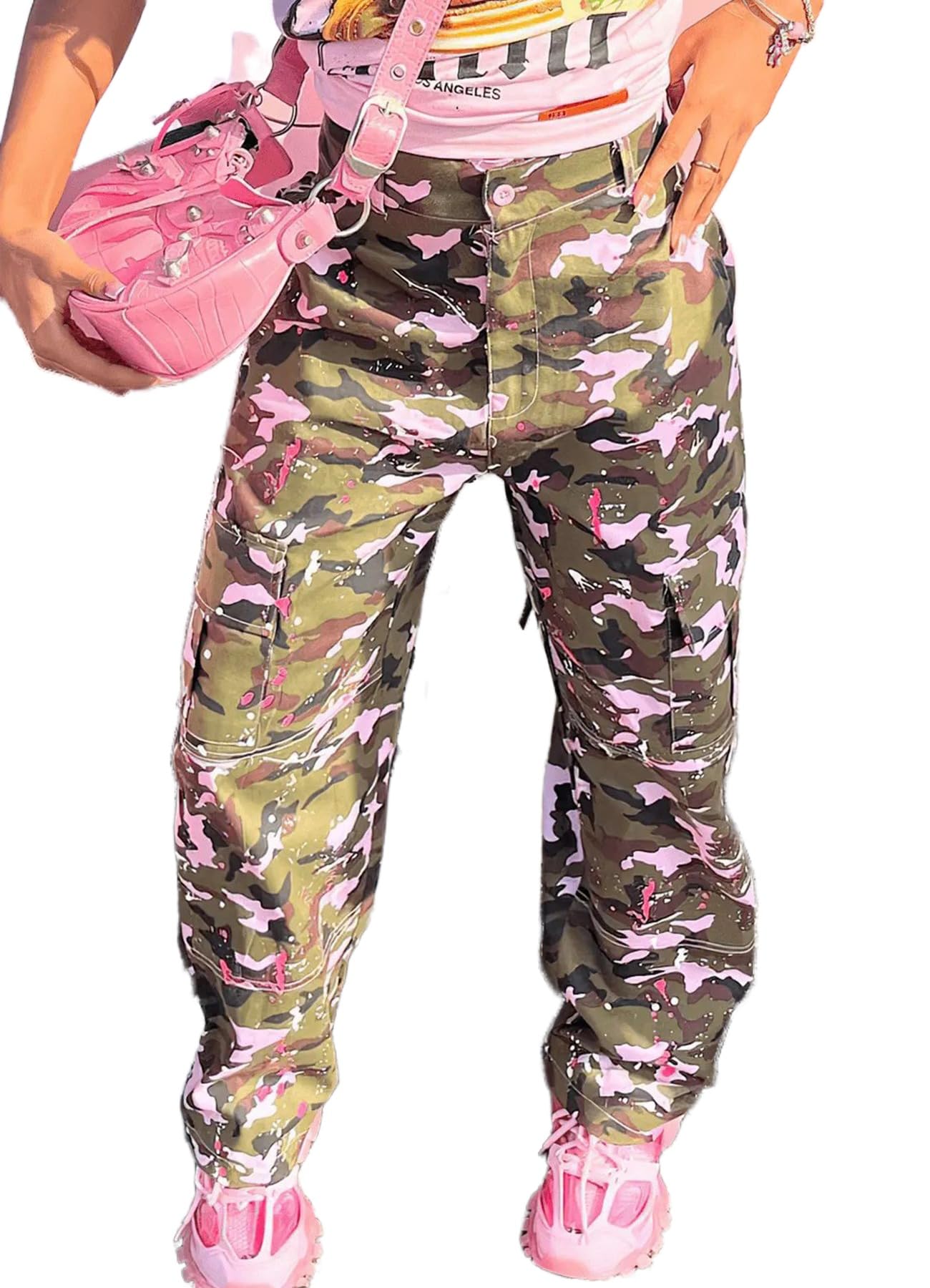 Calças Camo Cargo Femininas 3g, Rosa, Cintura Alta, Perna Reta