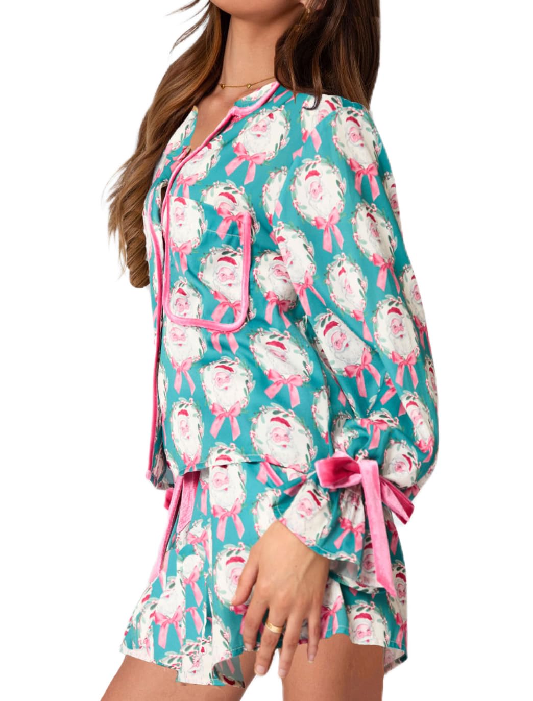 Pijama Feminino Yiulangde, Natal, Papai Noel, Seda, Cetim, 2 Peças