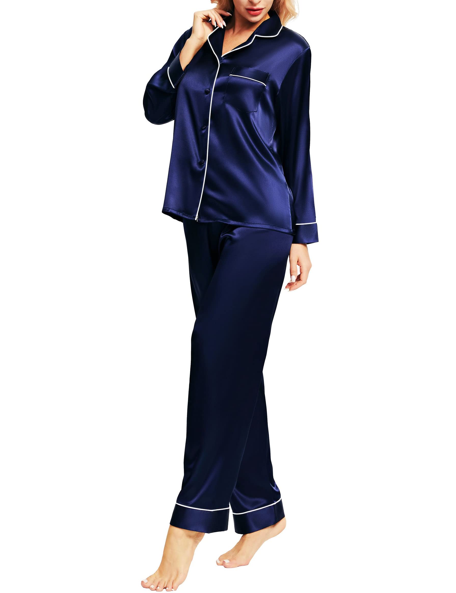 Conjunto De Pijama Siha De Seda Acetinada Para Mulheres Com Manga Comprida Azul Marinho L