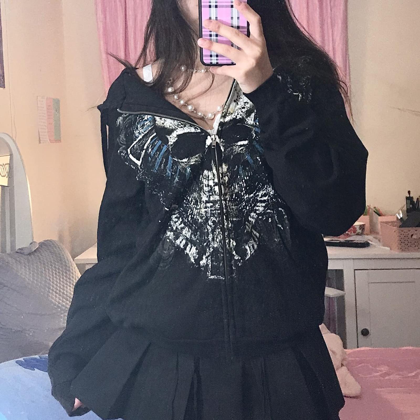 Jaqueta Com Capuz Meiweileya Y2k Grunge Skull Graphic Para