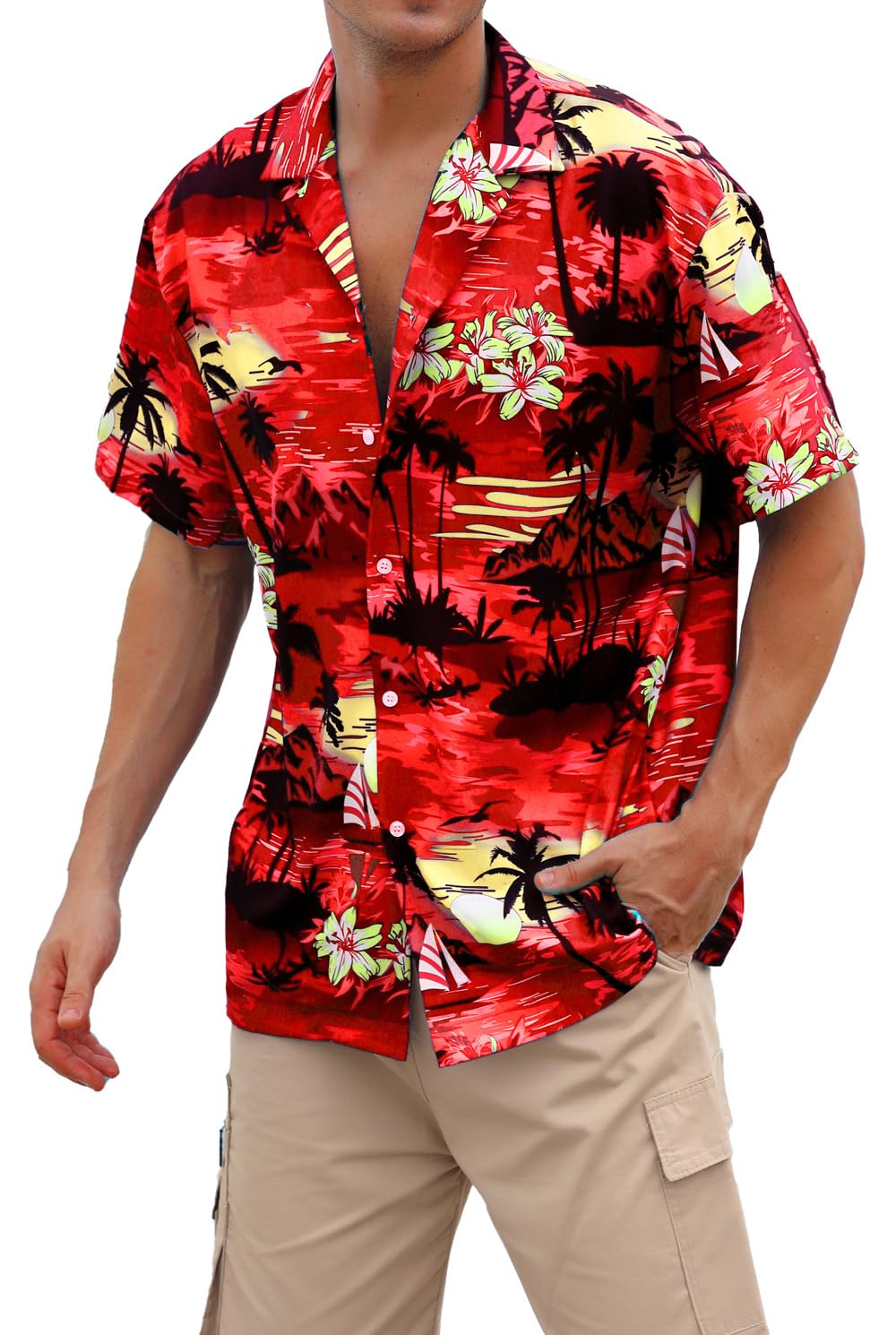 Camisa Havaiana Cromoncent Para Homens De Manga Curta Vermelha 2xl