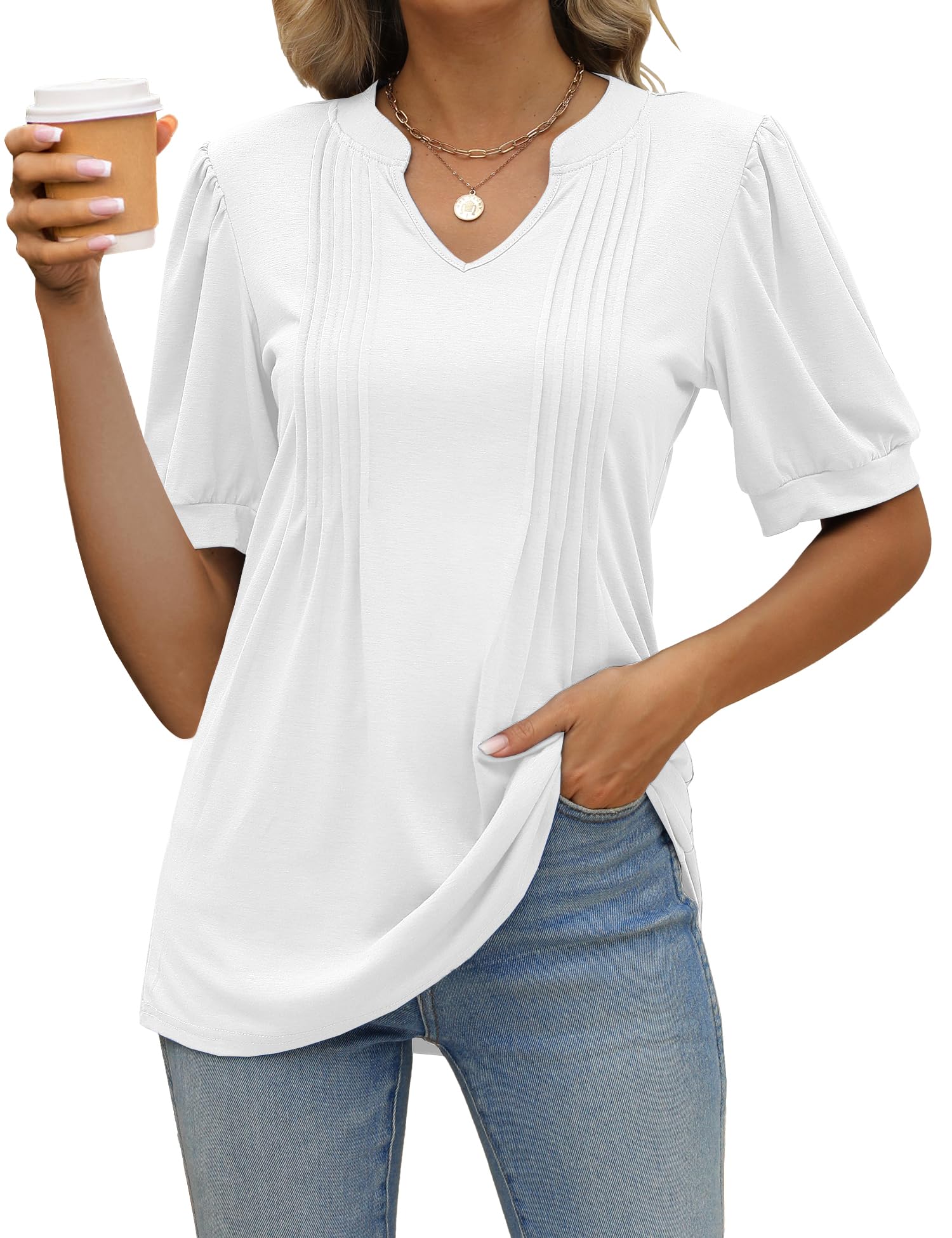 Blusa Túnica Ylirj Feminina De Manga Curta Com Decote Em V, Branca, Gg