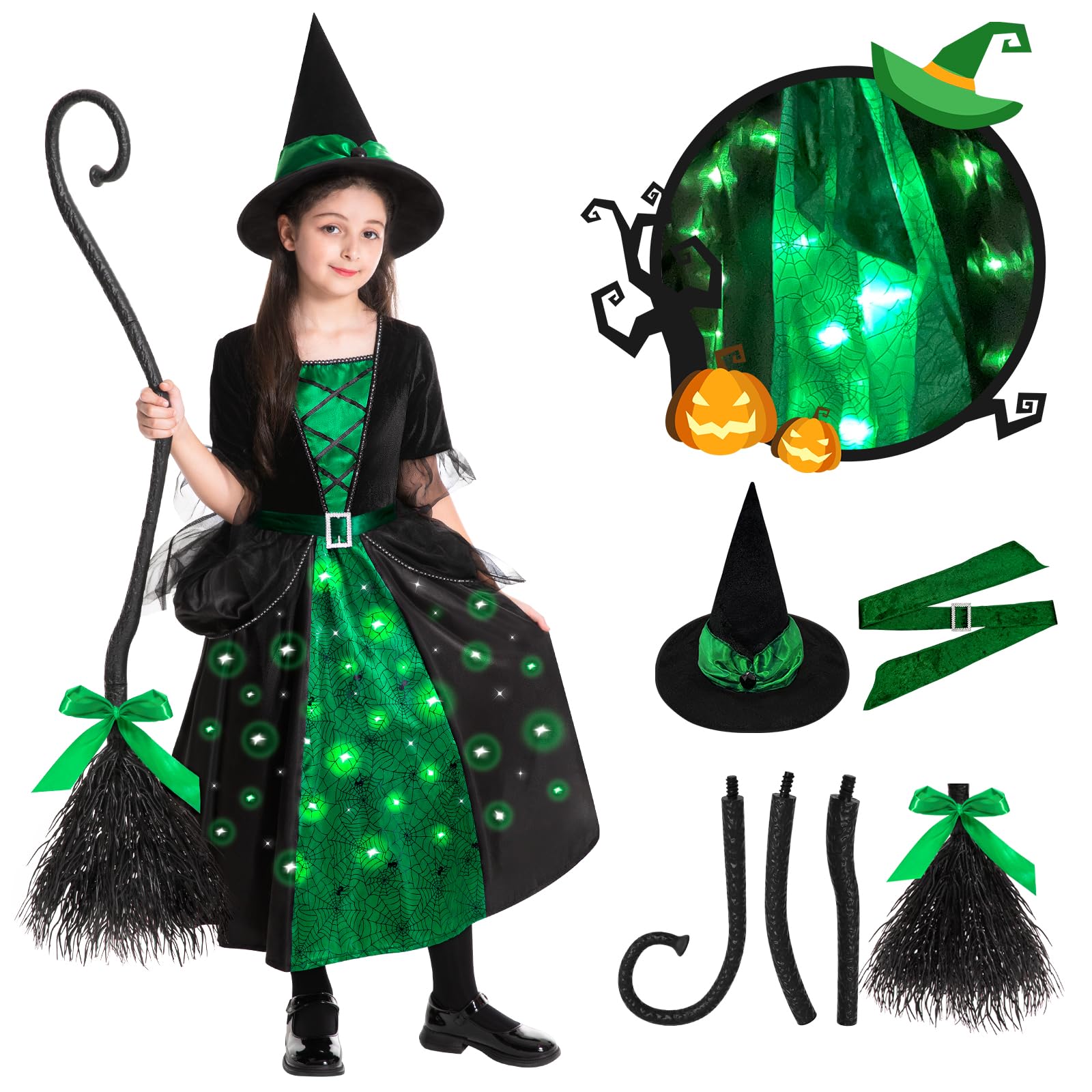 Fantasia De Halloween Poshetion Witch Para Meninas Com Vassoura E Chapéu