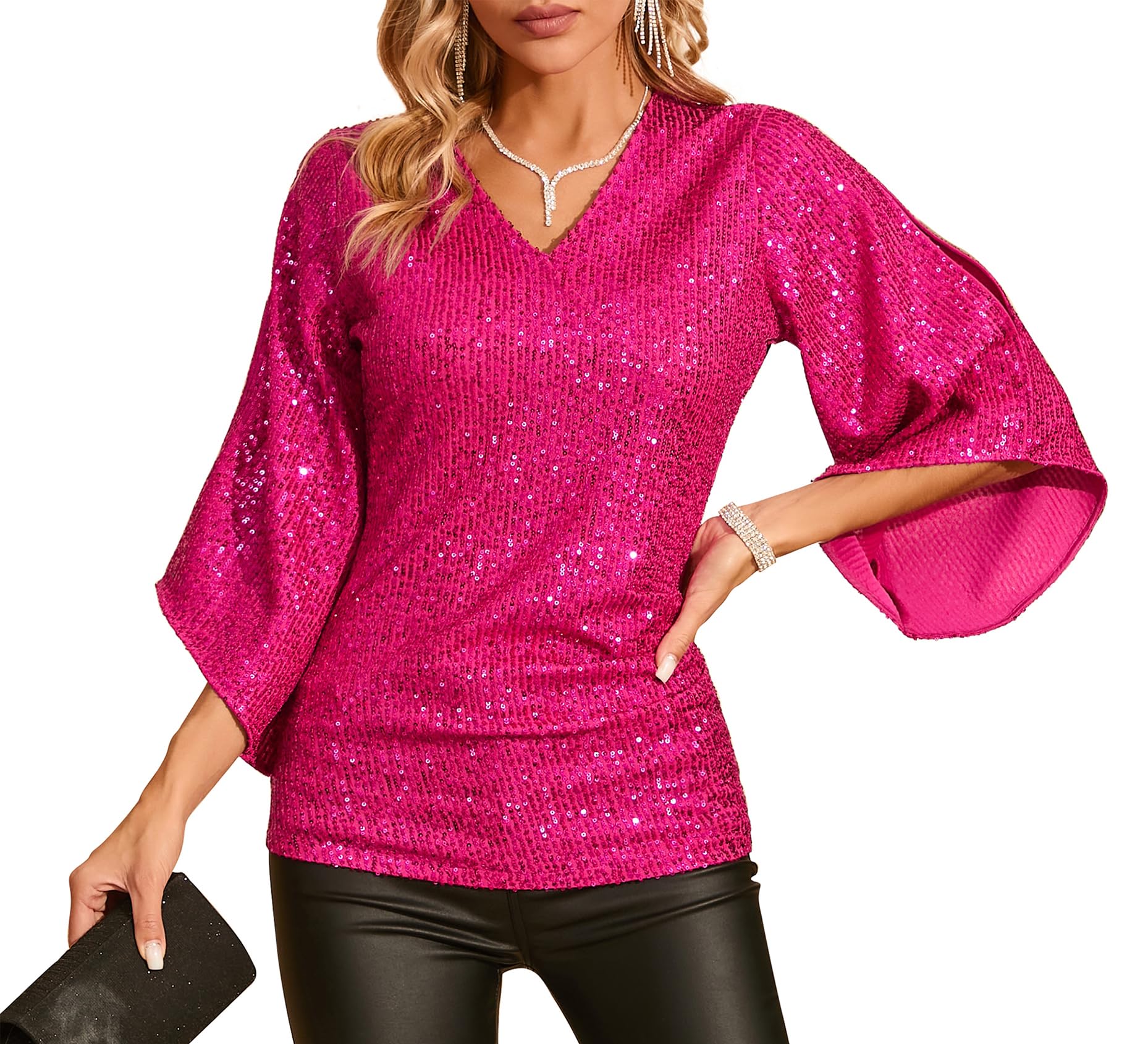 Top De Lantejoulas American Trends Feminino Com Decote Em V, Manga 3/4, Rosa, Tamanho L