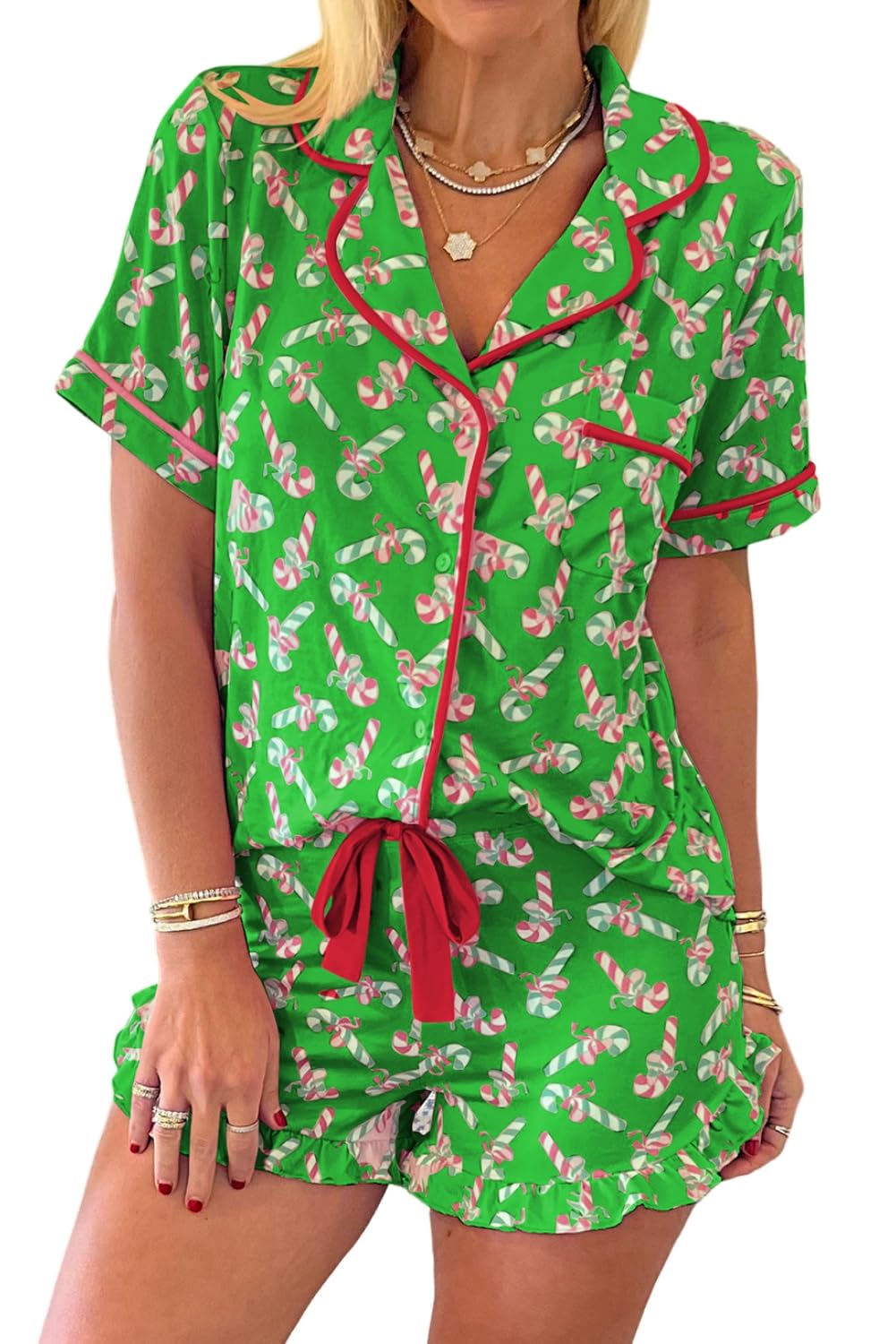 Conjunto De Pijama Feminino Kevamolly Com Estampa De Bastão De Doces De Natal 2gg