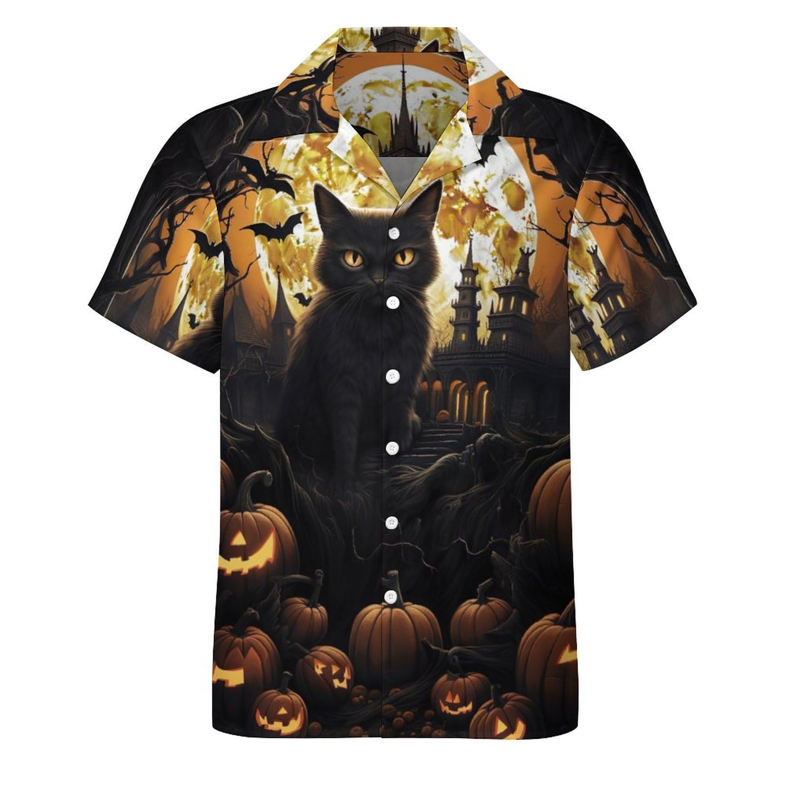 Camisa Ghualuru Halloween Pumpkin Cat Button Down Masculina Marrom 5
