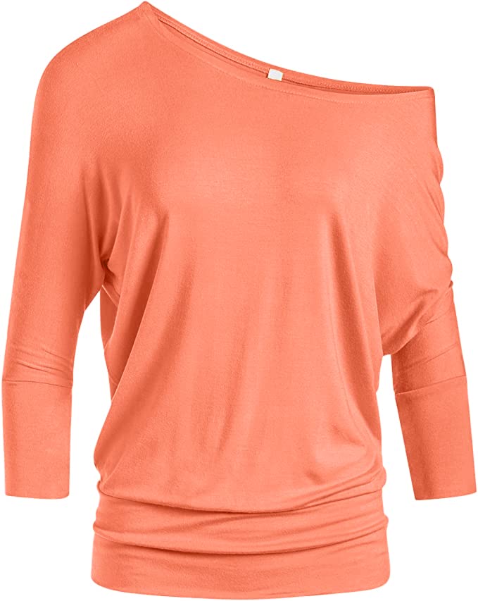 Blusas Dolman Para Mulheres Sem Ombros, Camisas Com Faixas Na Cintura, Mangas 3/4, Blusas Normais E Plus Size (tamanho Médio, Pêssego)