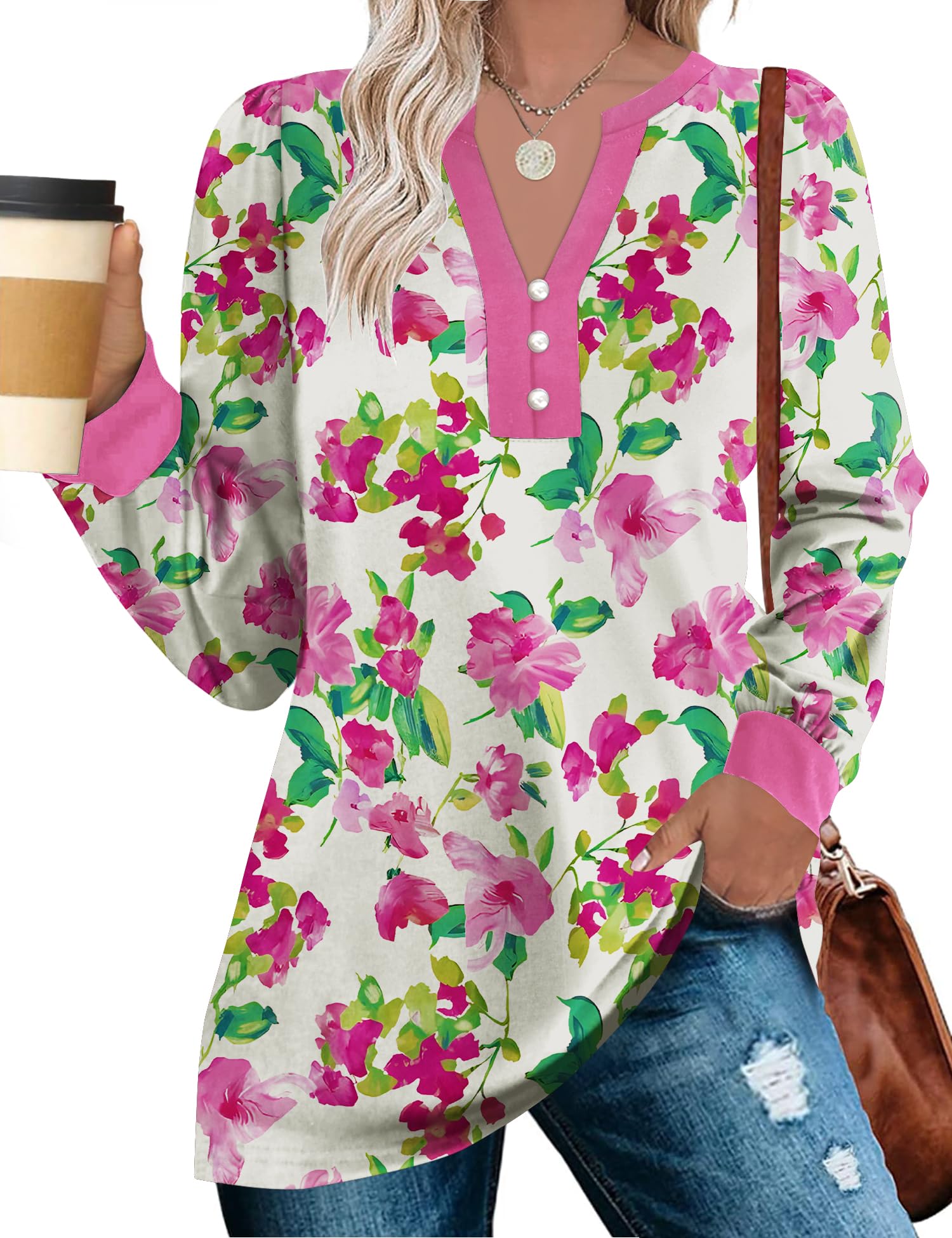 Blusa Feminina Luyaa, Fofa, Mangas Compridas, Decote Em V, Branca, Rosa, Floral