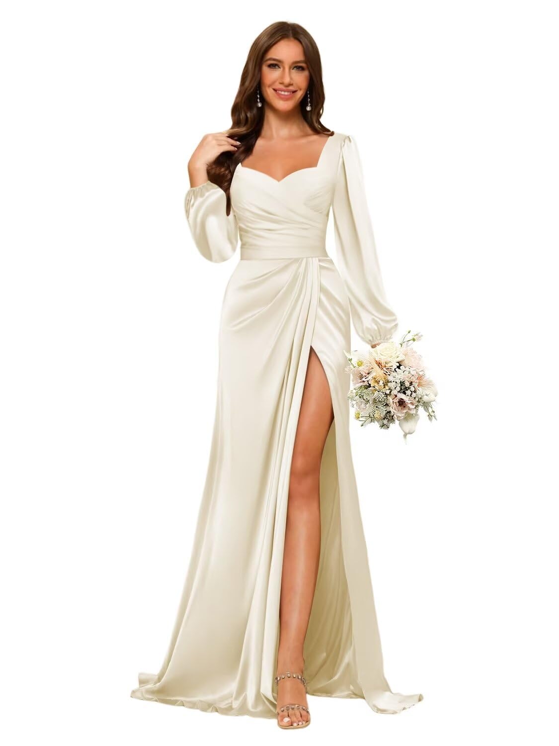 Vestido De Dama De Honra Dessiny, Mangas Compridas, Sereia, Marfim, Cetim