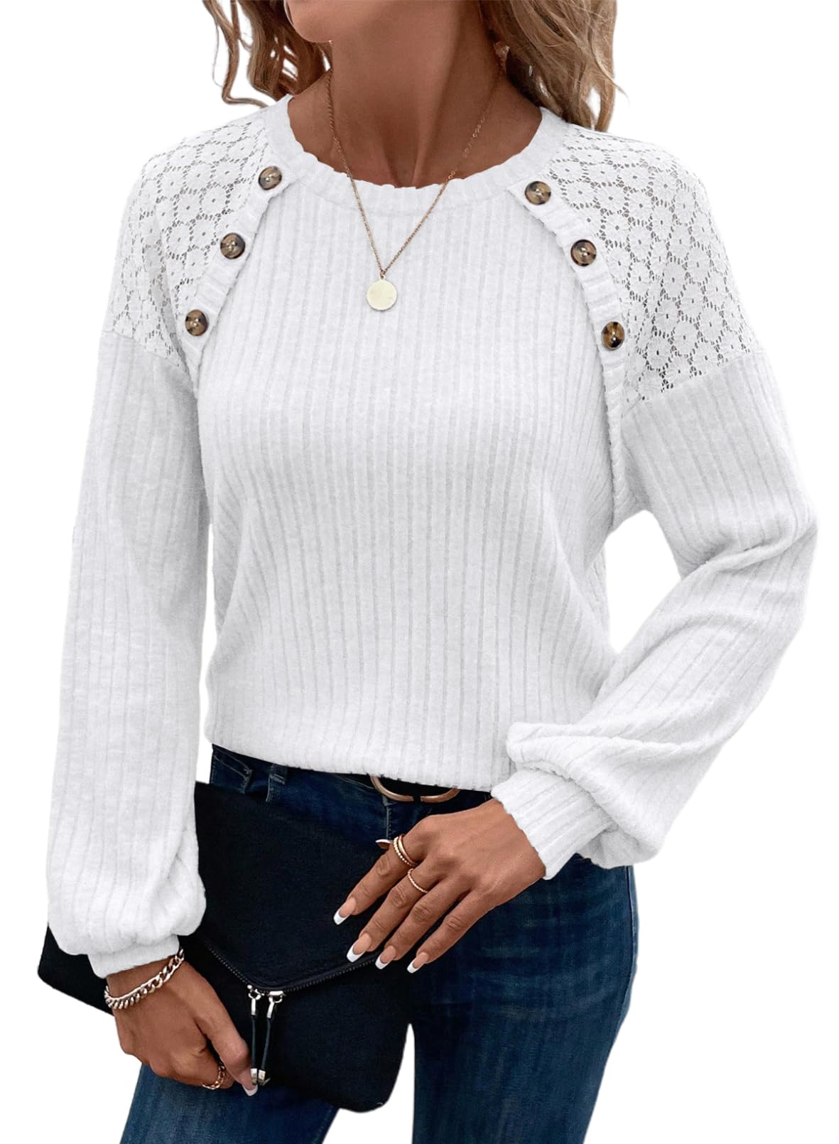 Top Acelitt, Outono De 2024, Renda De Manga Comprida, Patchwork, Branca Para Mulheres