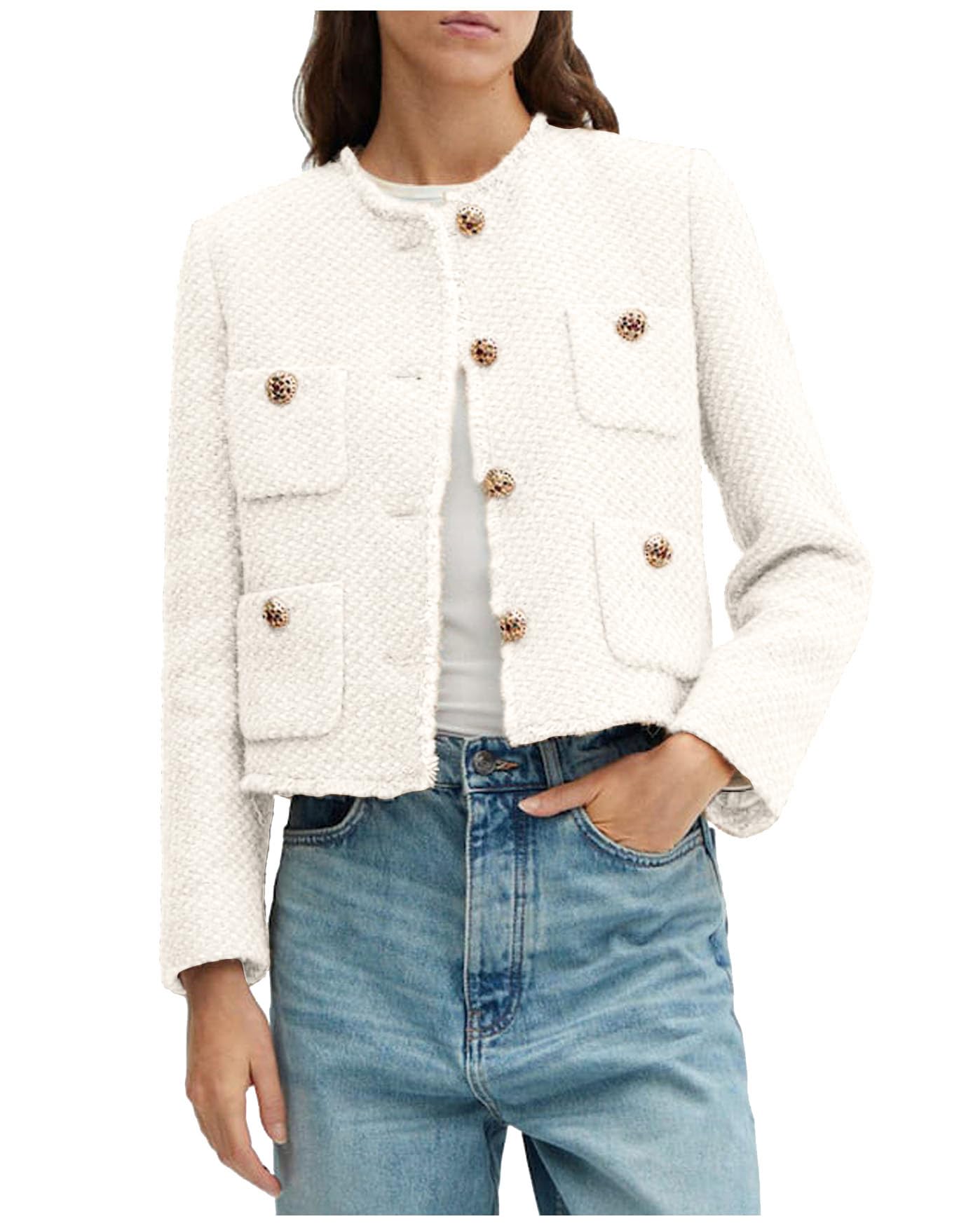 Blazer Yexpine Cropped Tweed Para Mulheres, Branco