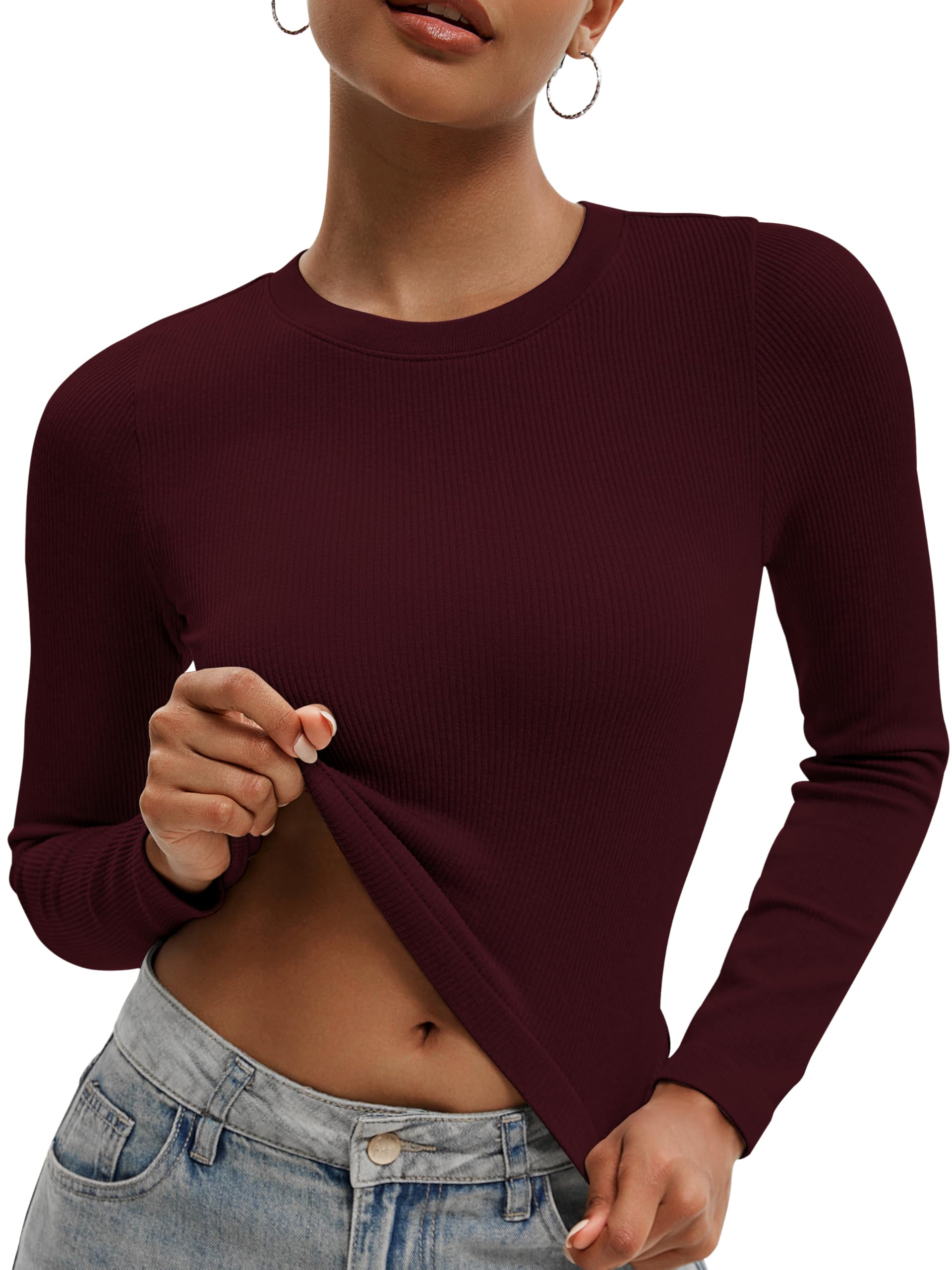 Crop Top Musemaker De Manga Comprida Com Nervuras Cor De Vinho Para Mulheres