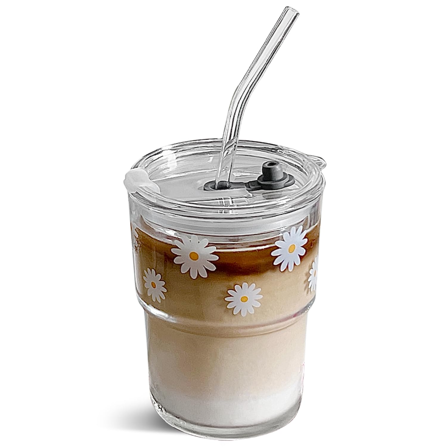 Copo De Vidro Olvini Daisy 400ml Com Palha E Tampa