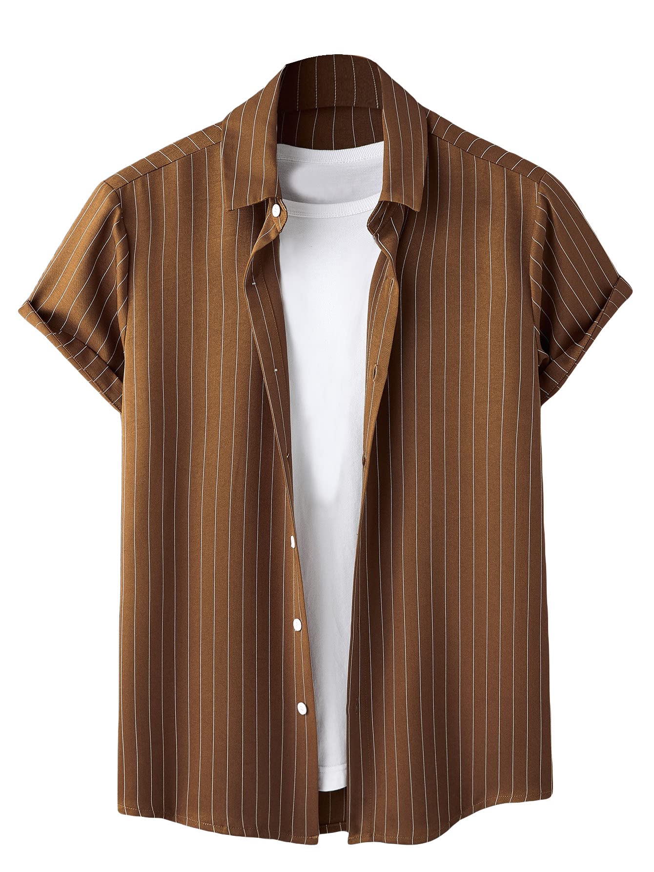 Camisa Masculina Cozyease De Manga Curta Com Botões E Listras Marrons M