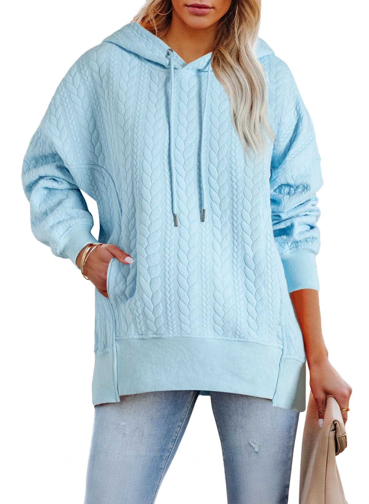 Moletom Alvaq Oversized Para Mulheres 2024, Outono, Azul Celeste
