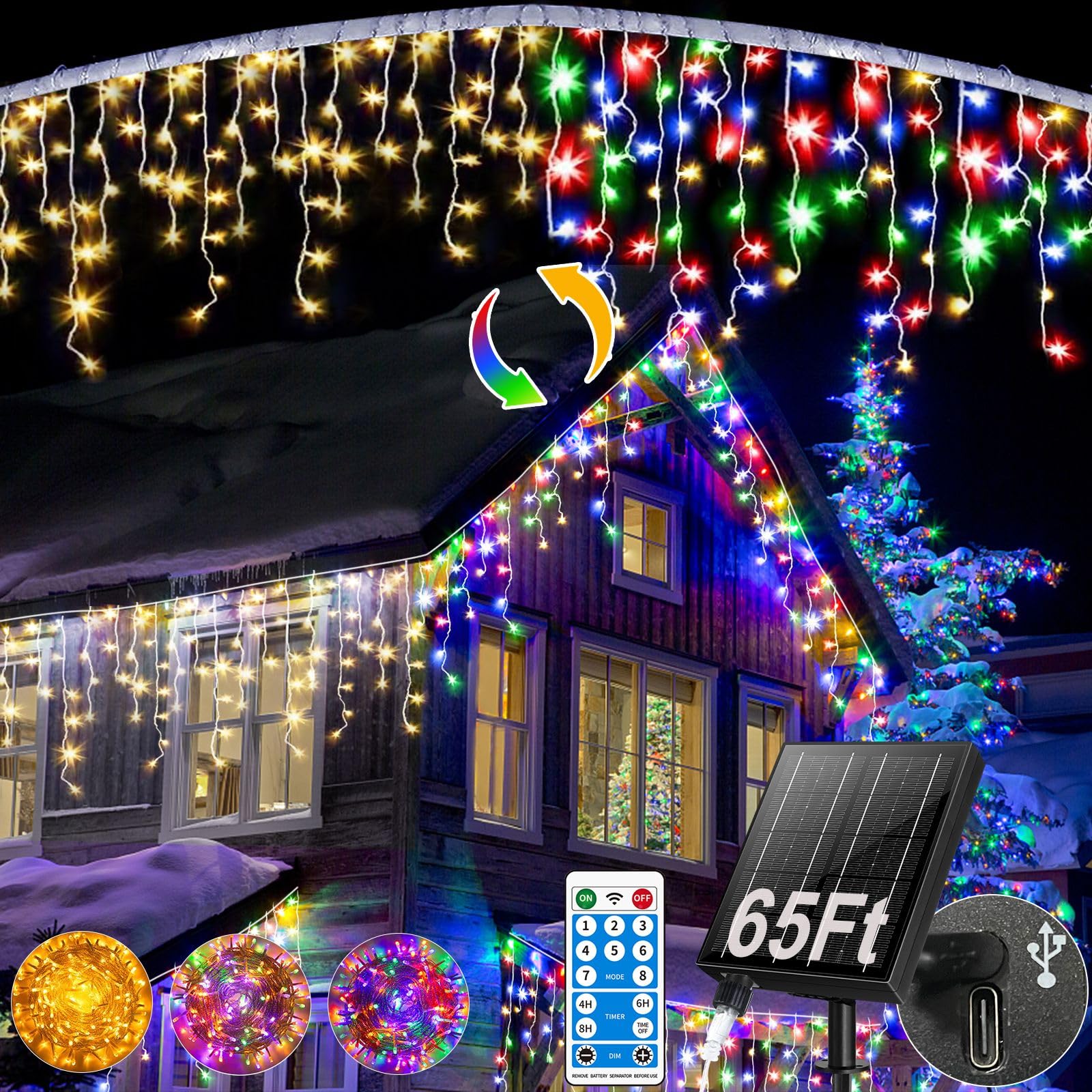 Luzes De Natal Solar Icicle Ryblgled 65 Pés 506 Led Multicoloridas