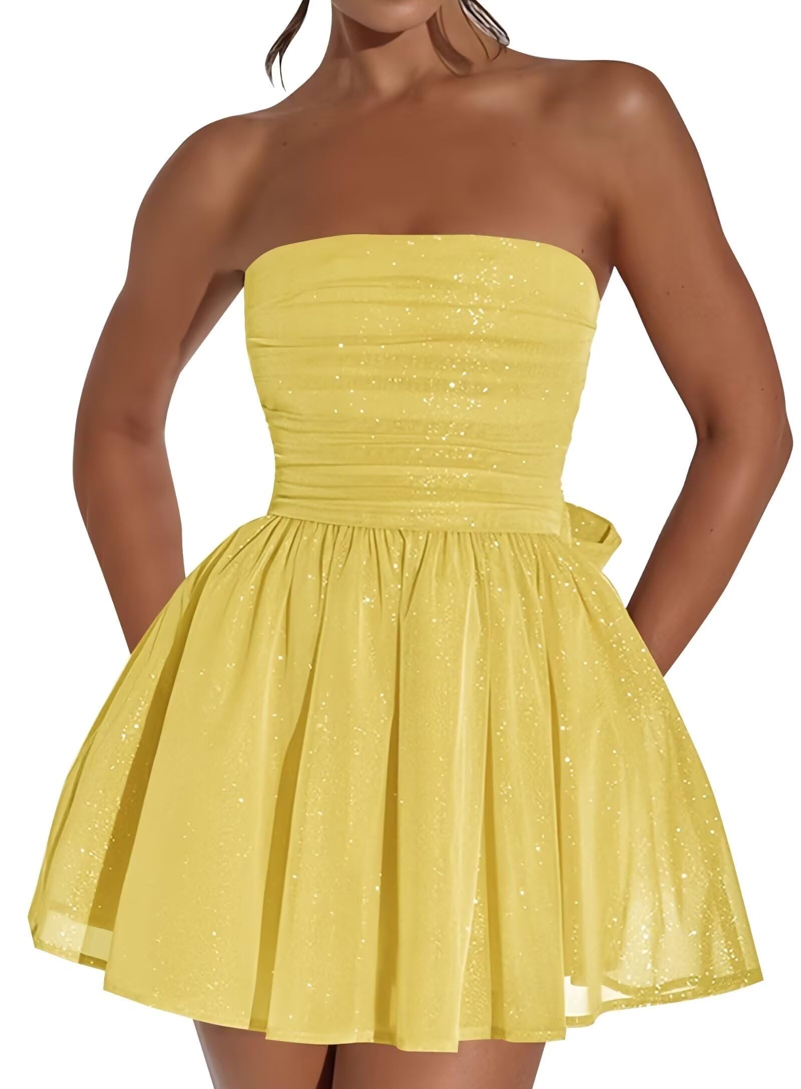 Vestido De Boas-vindas Blawhee Glitter Tule Amarelo Sem Alças