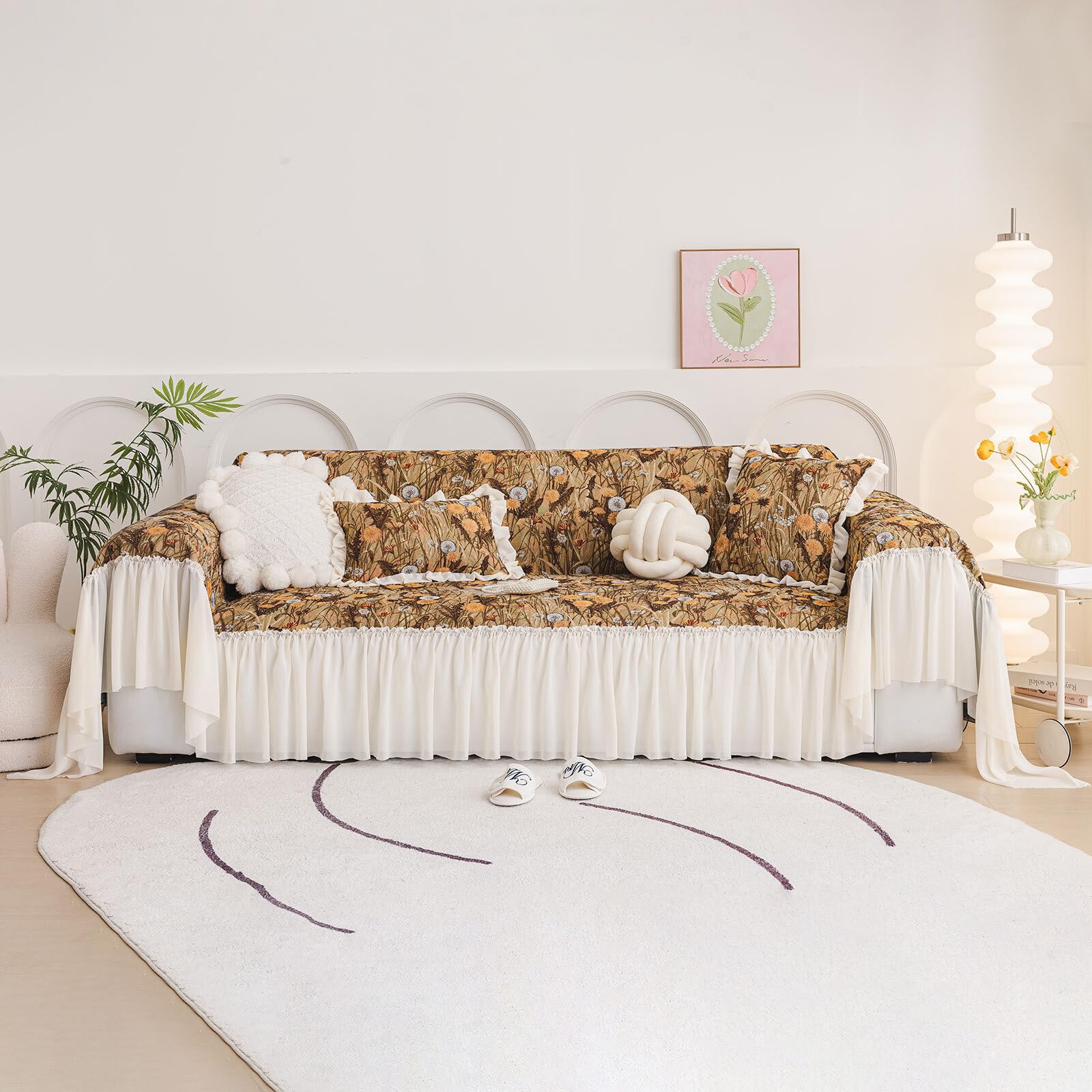 Capa De Sofá Handontime Botanical Floral Lavável 180x380cm Café