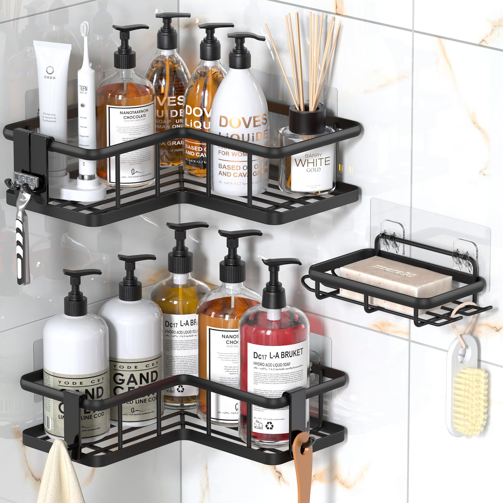 Corner Shower Caddy Yasonic 2024 Com Suporte De Sabonete, Pacote Com 3 Unidades, Preto