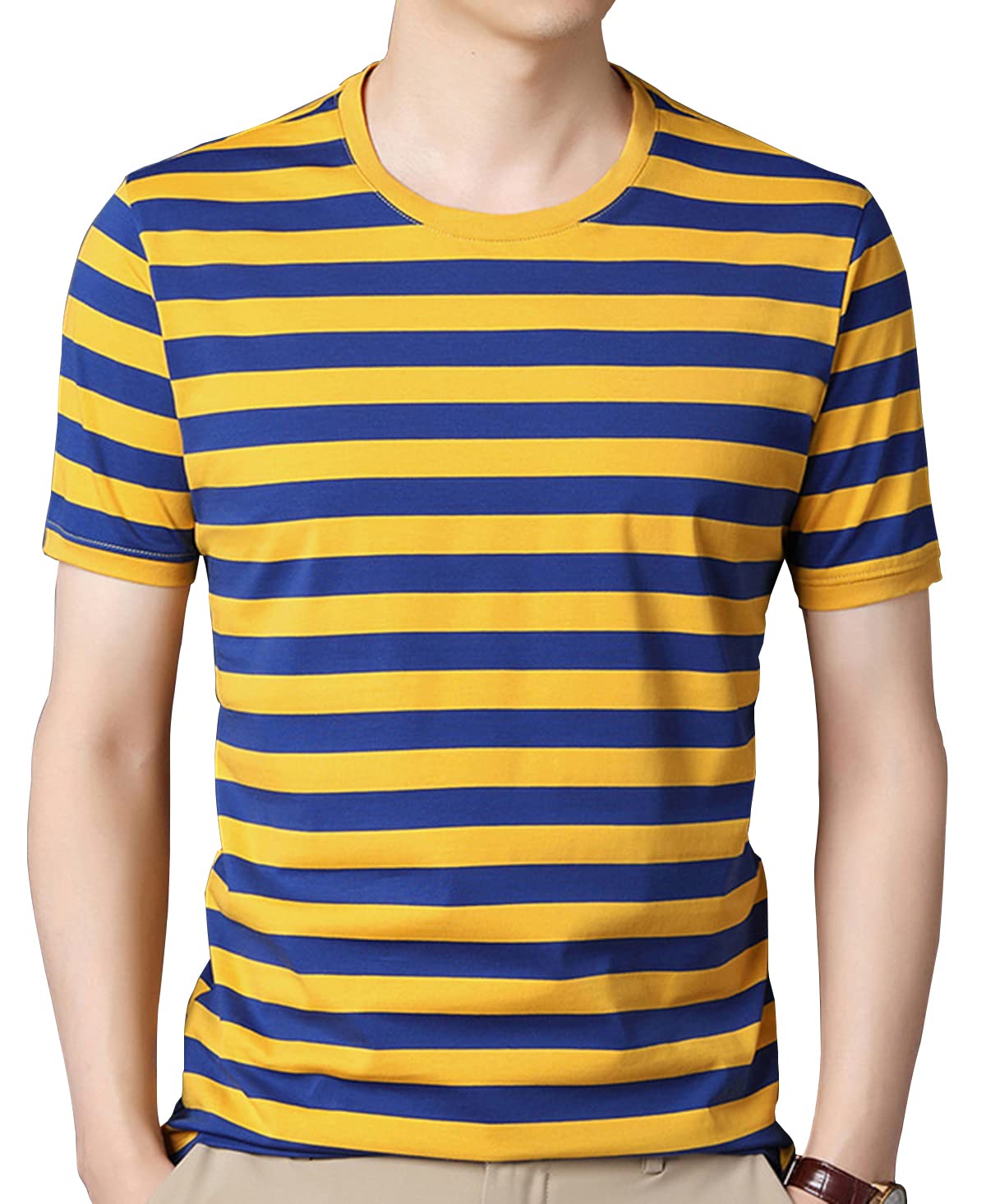 Camiseta Masculina Shuiangran Listrada De Manga Curta De Algodão Azul E Amarelo