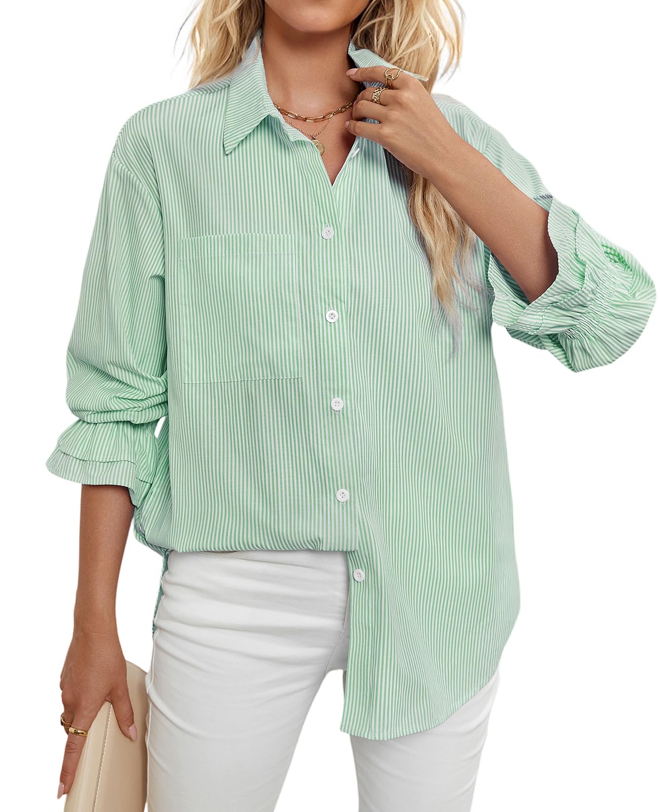 Camisa Feminina Who In Shop Listrada Com Botões Verde E Branca M