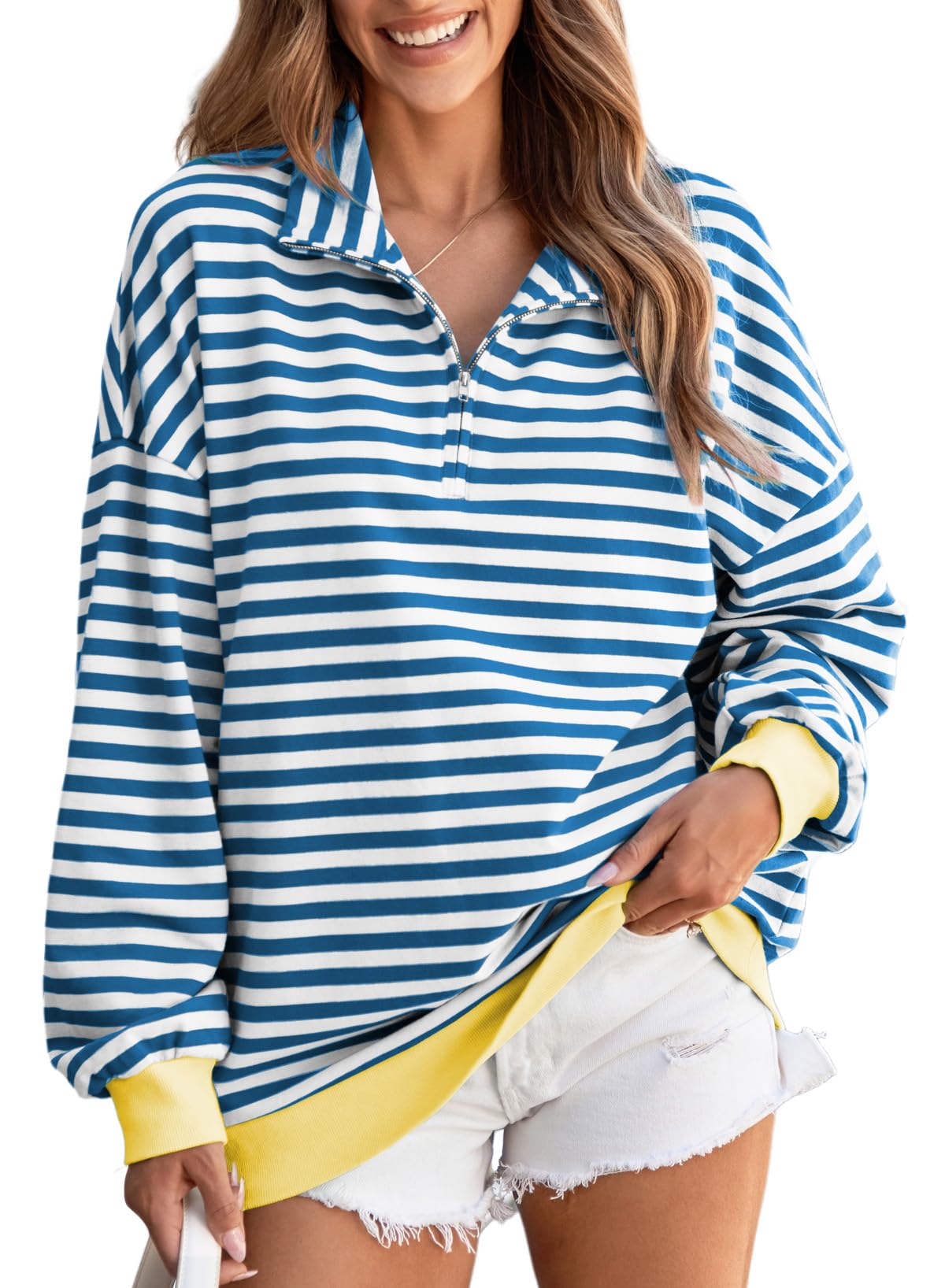 Moletom Evaless Oversized Para Mulheres Listrado Azul De Algodão