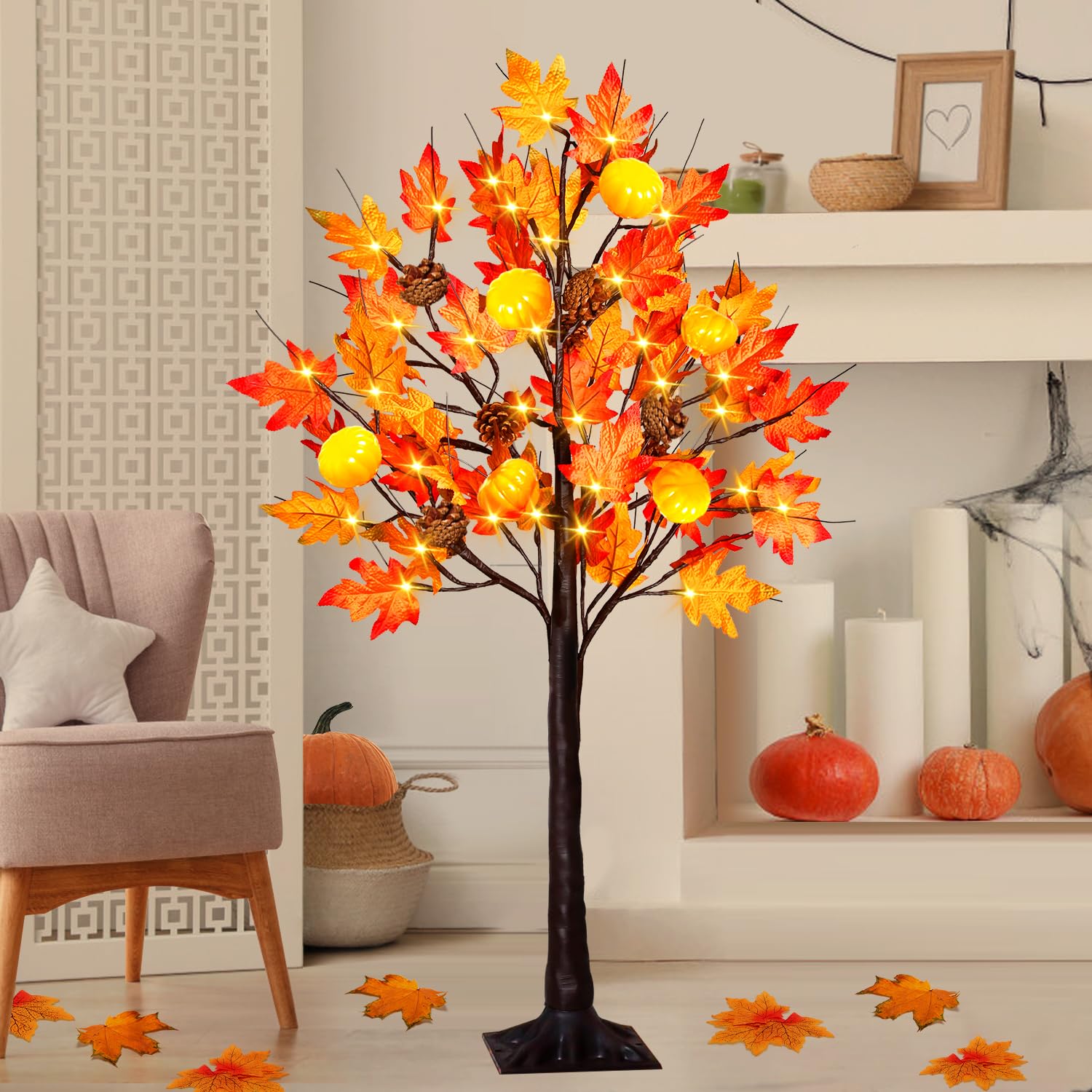 Árvore Artificial Leasen De 4 Pés Com 60 Luzes Led Fall Maple