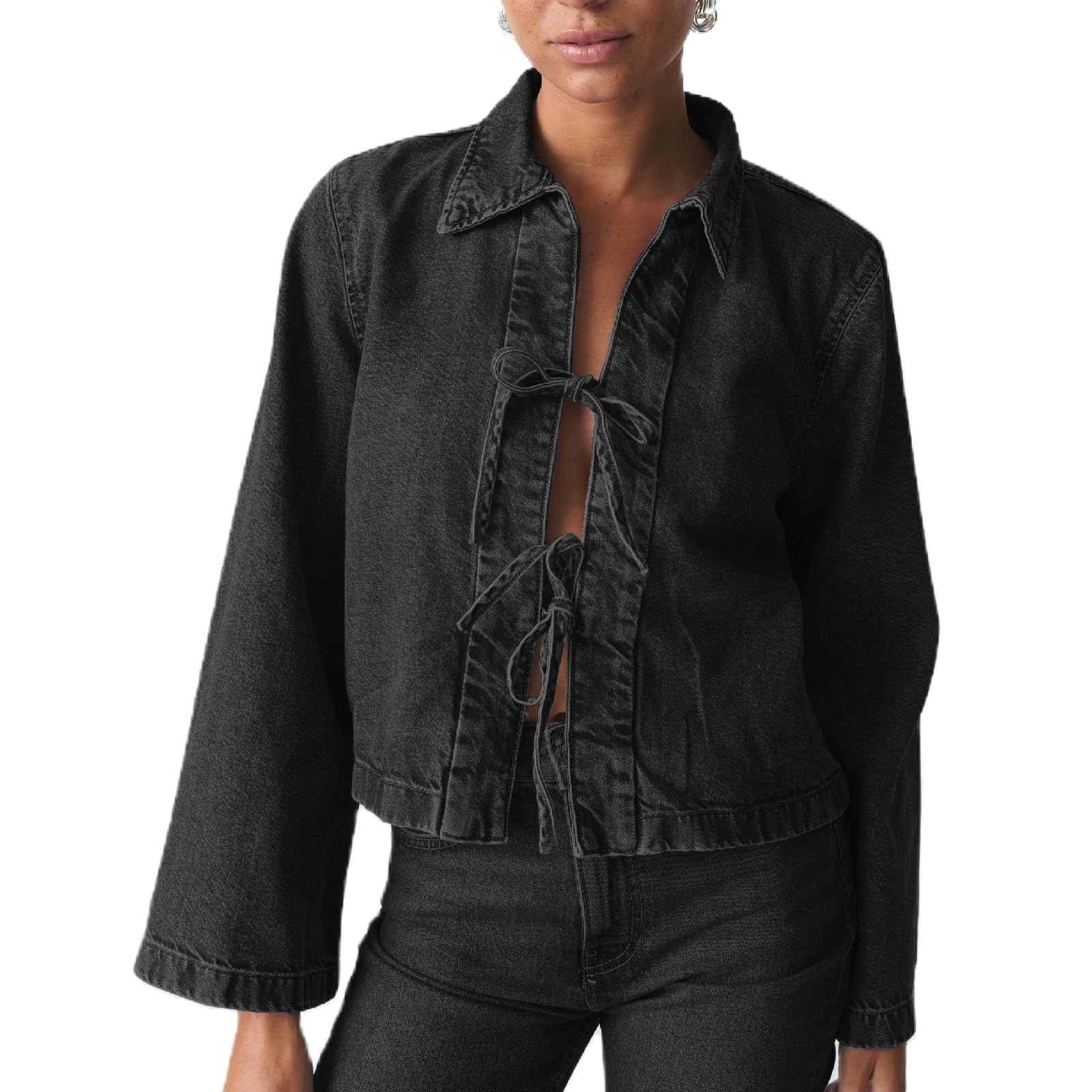 Jaqueta Jeans Cortada Louvasabuce Feminina Com Gravata Frontal De Manga Comprida