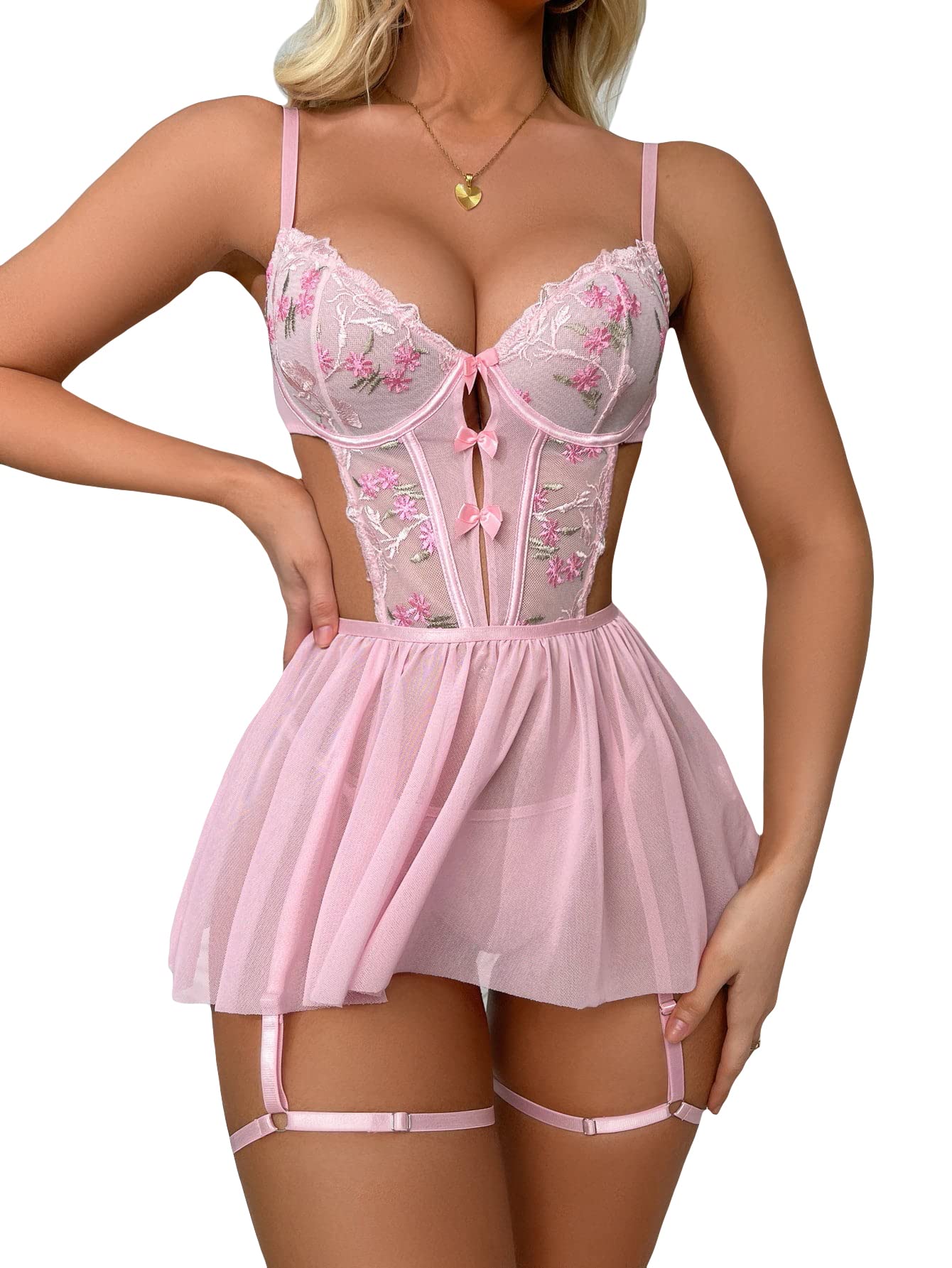 Vestido Deslizante De Lingerie Wdirara Com Bordado Floral Em Malha Rosa