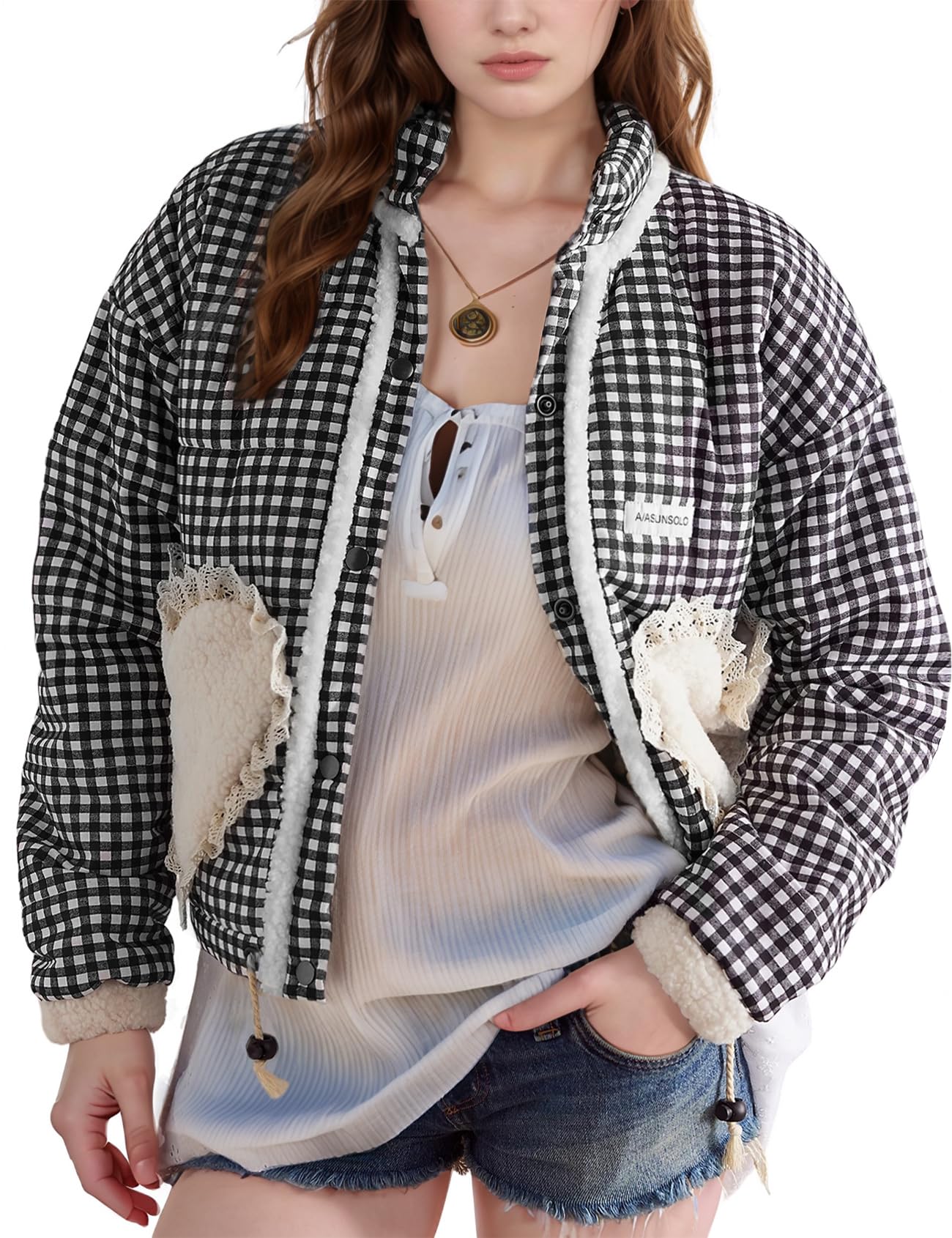 Jaqueta Acolchoada Wyeysyt Cropped Winter Gingham Preta Para Mulheres