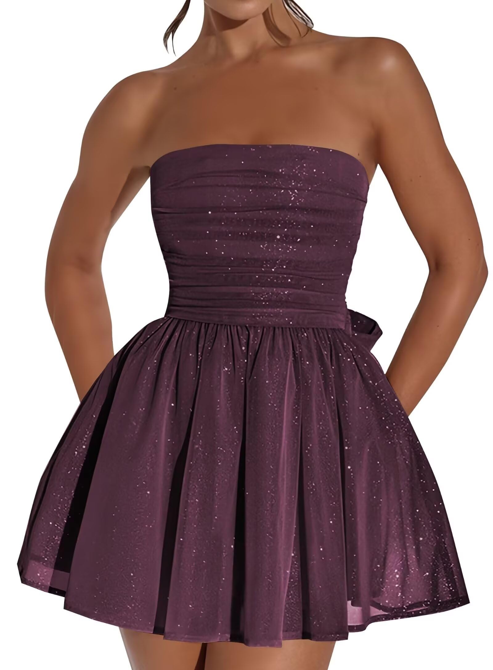 Vestido De Boas-vindas Blawhee Glitter Tule Sem Alças Mini Grape
