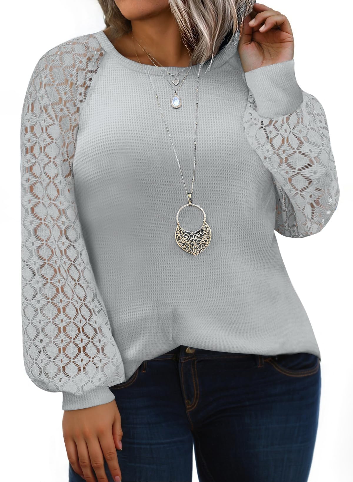 Camisa Feminina Eytino Plus Size De Renda De Manga Comprida Cinza 2x