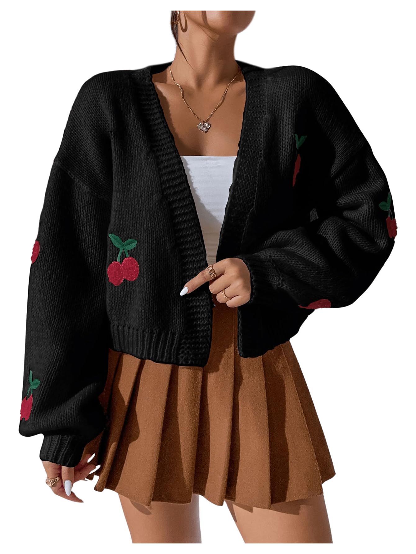 Suéter De Cardigã Gorglitter Graphic Cherry Cable Knit Black