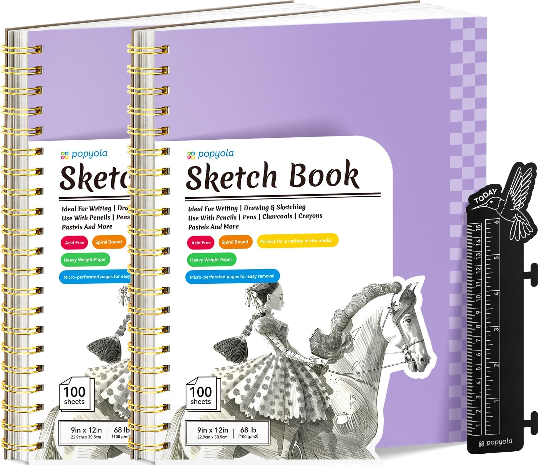 Caderno De Esboços Popyola 9 X 12 Cm Com Régua De Marcadores, Pacote Com 2, 100 Folhas