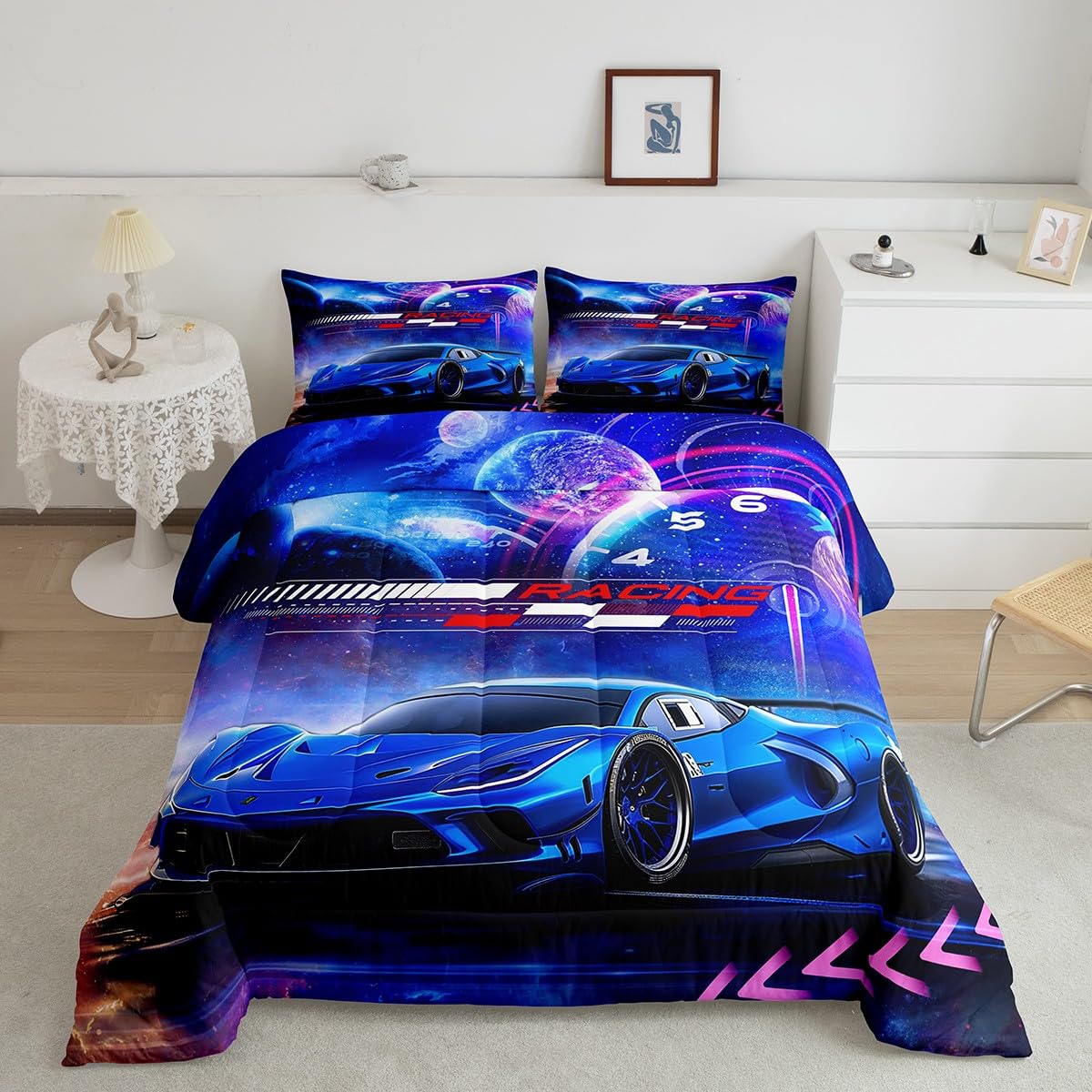 Conjunto De Roupa De Cama Feelyou Blue Race Car Twin Size Para Crianças E Meninos