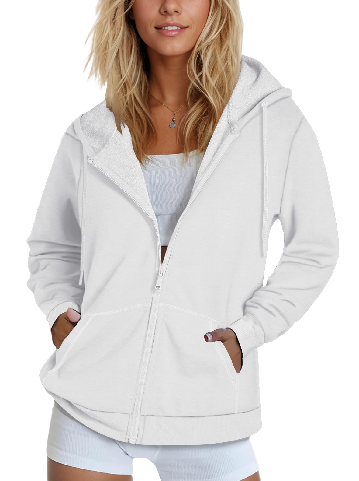 Moletom Com Capuz Smeng De Algodão Branco Com Zíper Para Mulheres