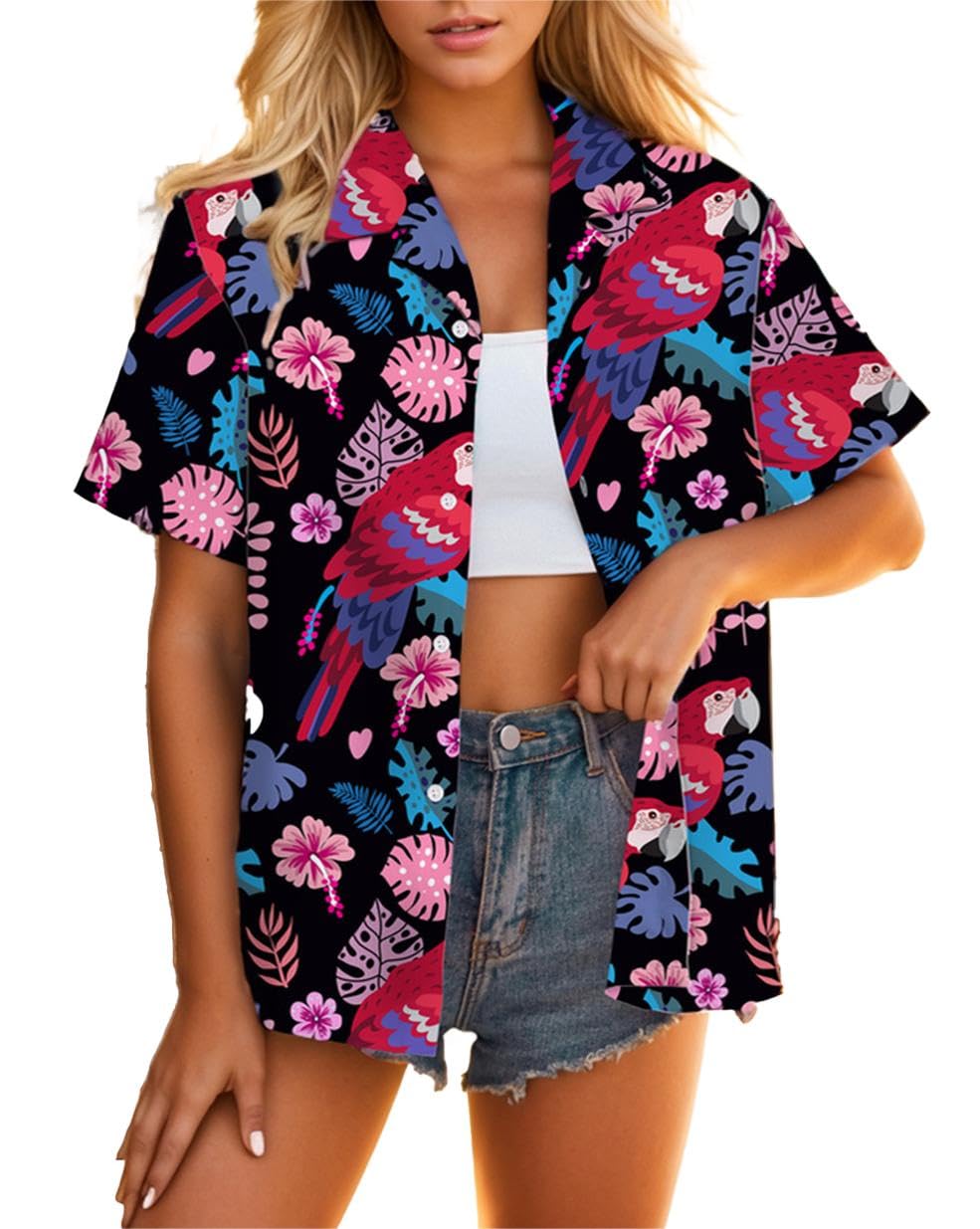 Camisa Feminina Sangtree Havaiana De Manga Curta Com Botão Preta Gg