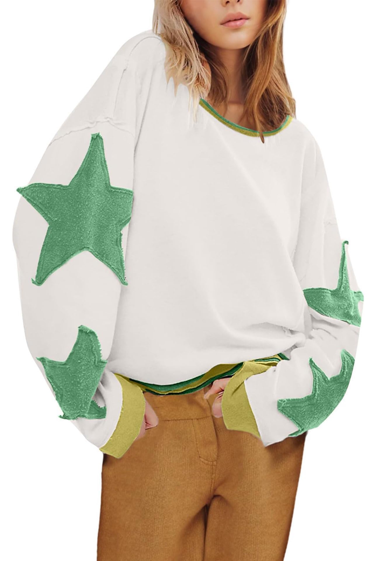 Moletom Utcoco Oversized Para Mulheres Com Estampas De Estrelas - Branco E Verde