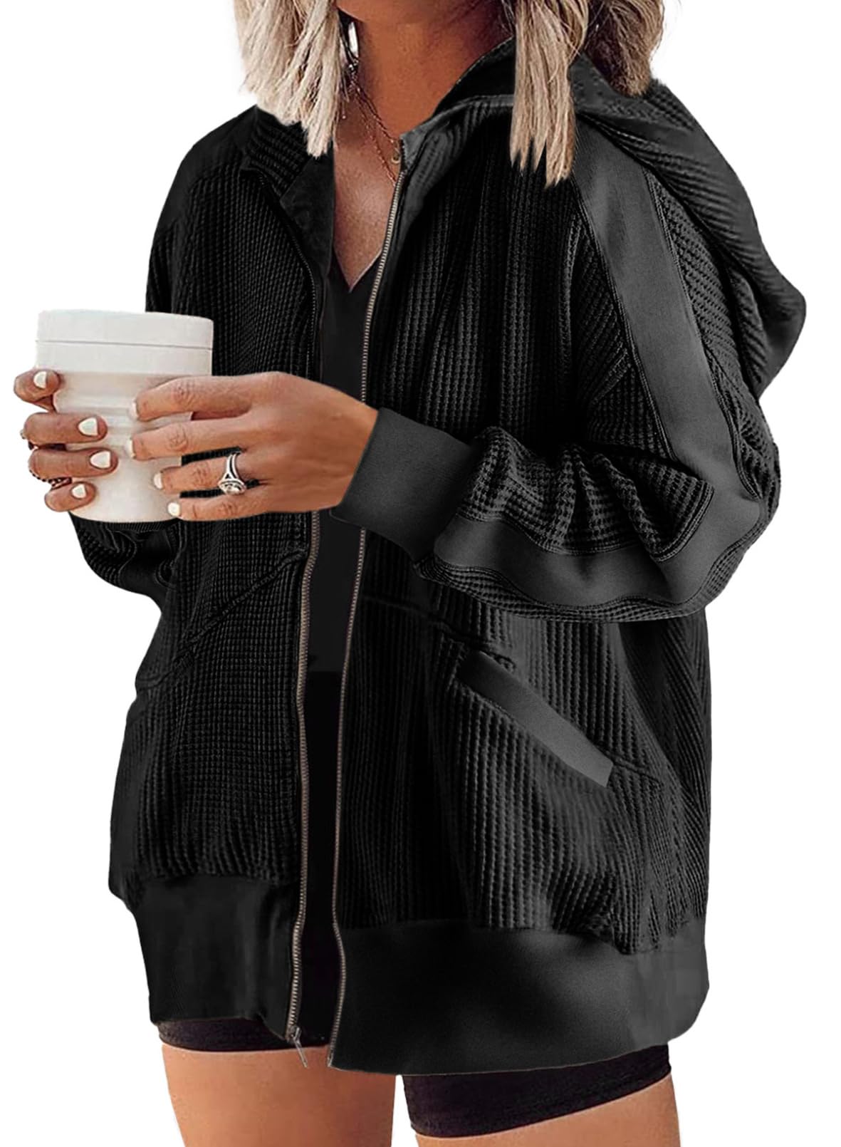 Jaqueta Feminina Com Capuz Eytino Plus Size De Manga Comprida Preta 3x