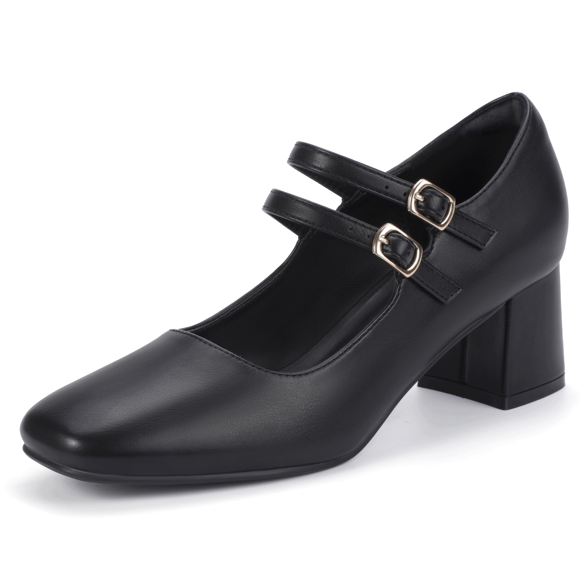 Sapatos Idifu Mary Jane Pumps Femininos Pretos De Salto Baixo, Bloco De 5 Cm