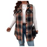 Outwear, Colete, Jaqueta Xadrez De Tweed, Camisa Feminina Com Botões