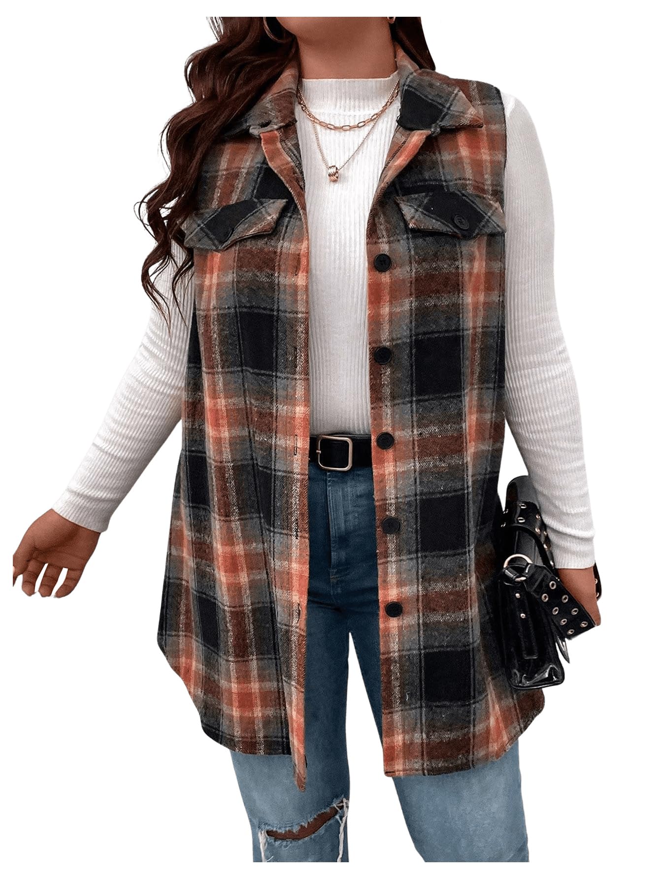 Outwear, Colete, Jaqueta Xadrez De Tweed, Camisa Feminina Com Botões